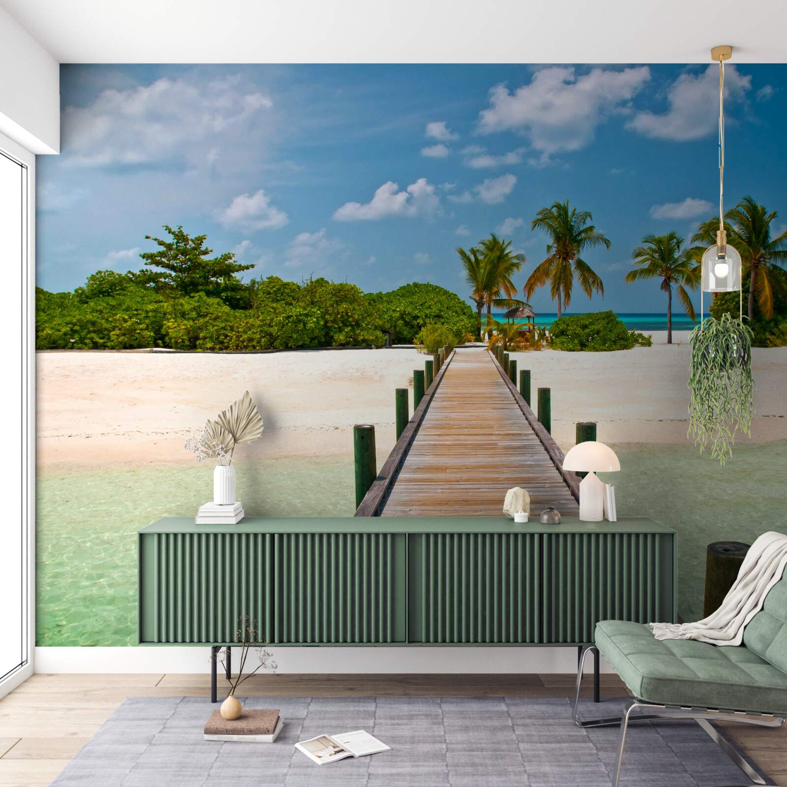 Papier peint jetée en bois sur un rivage tropical