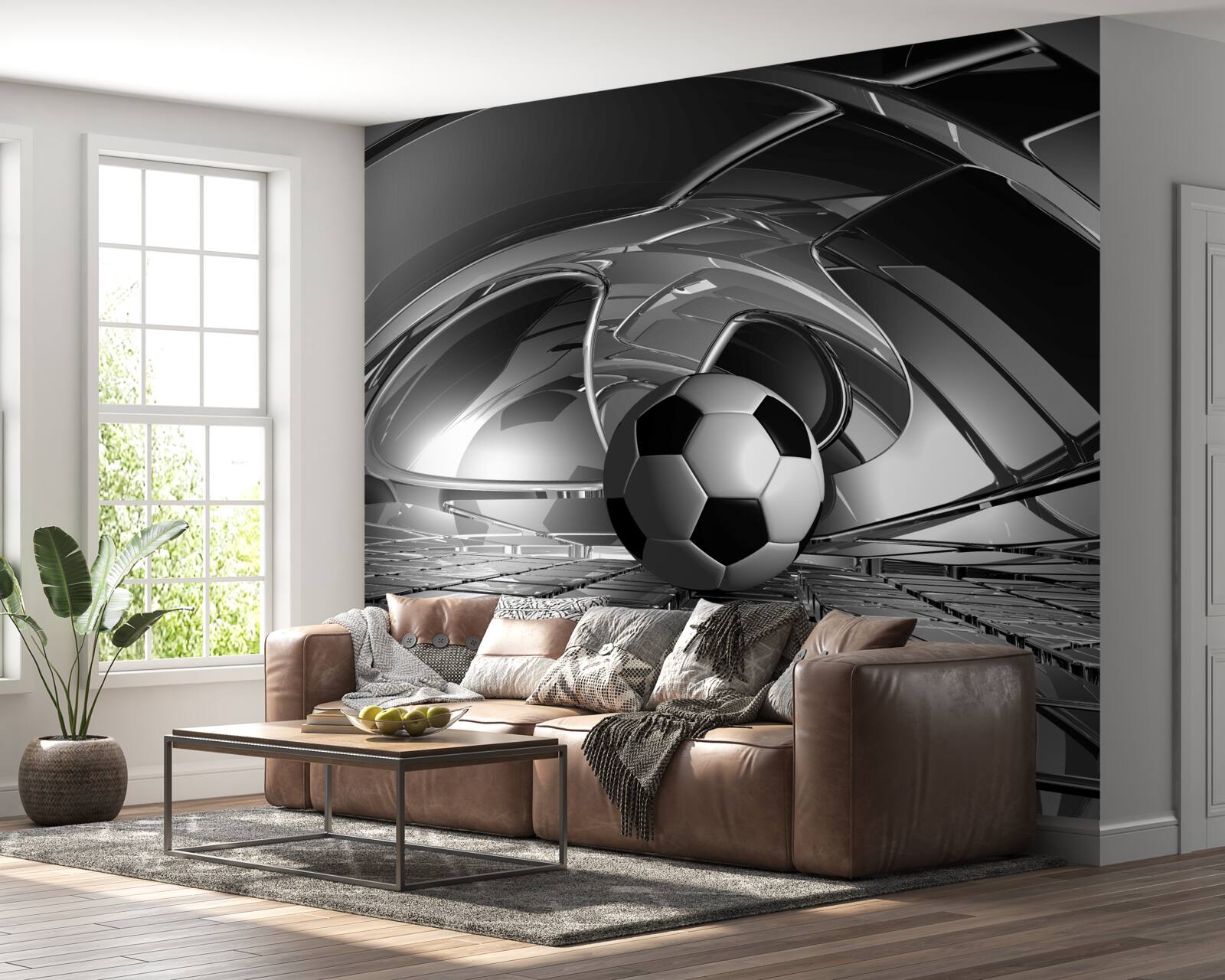 Papier peint football sur une surface en verre