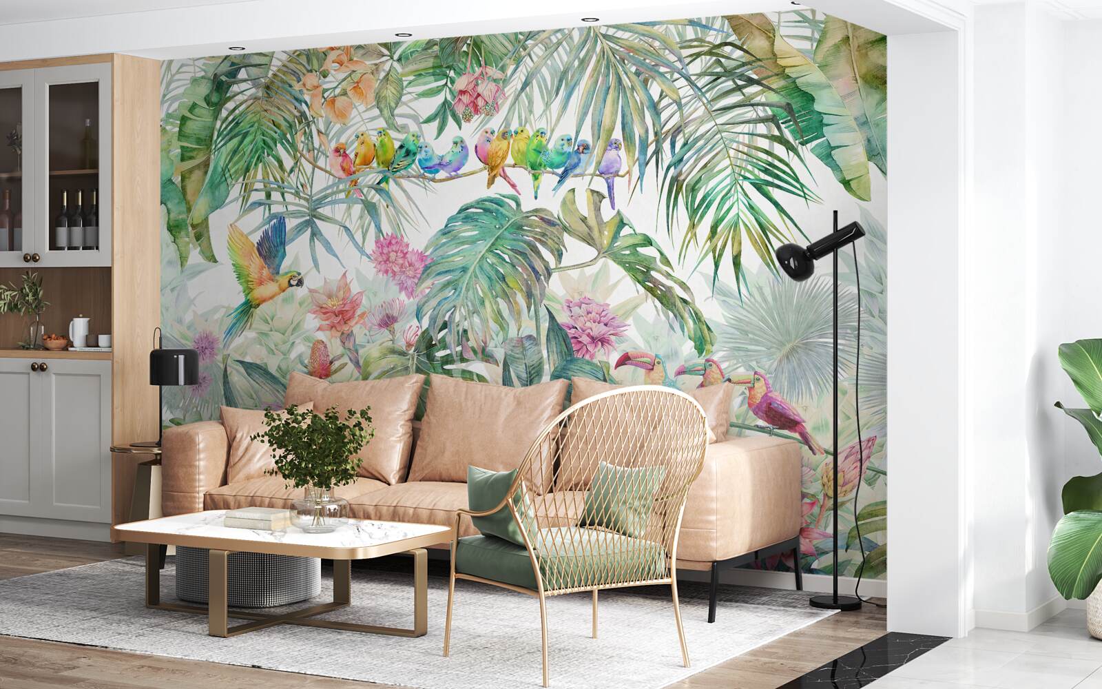 Papier peint oiseaux sur plantes exotiques