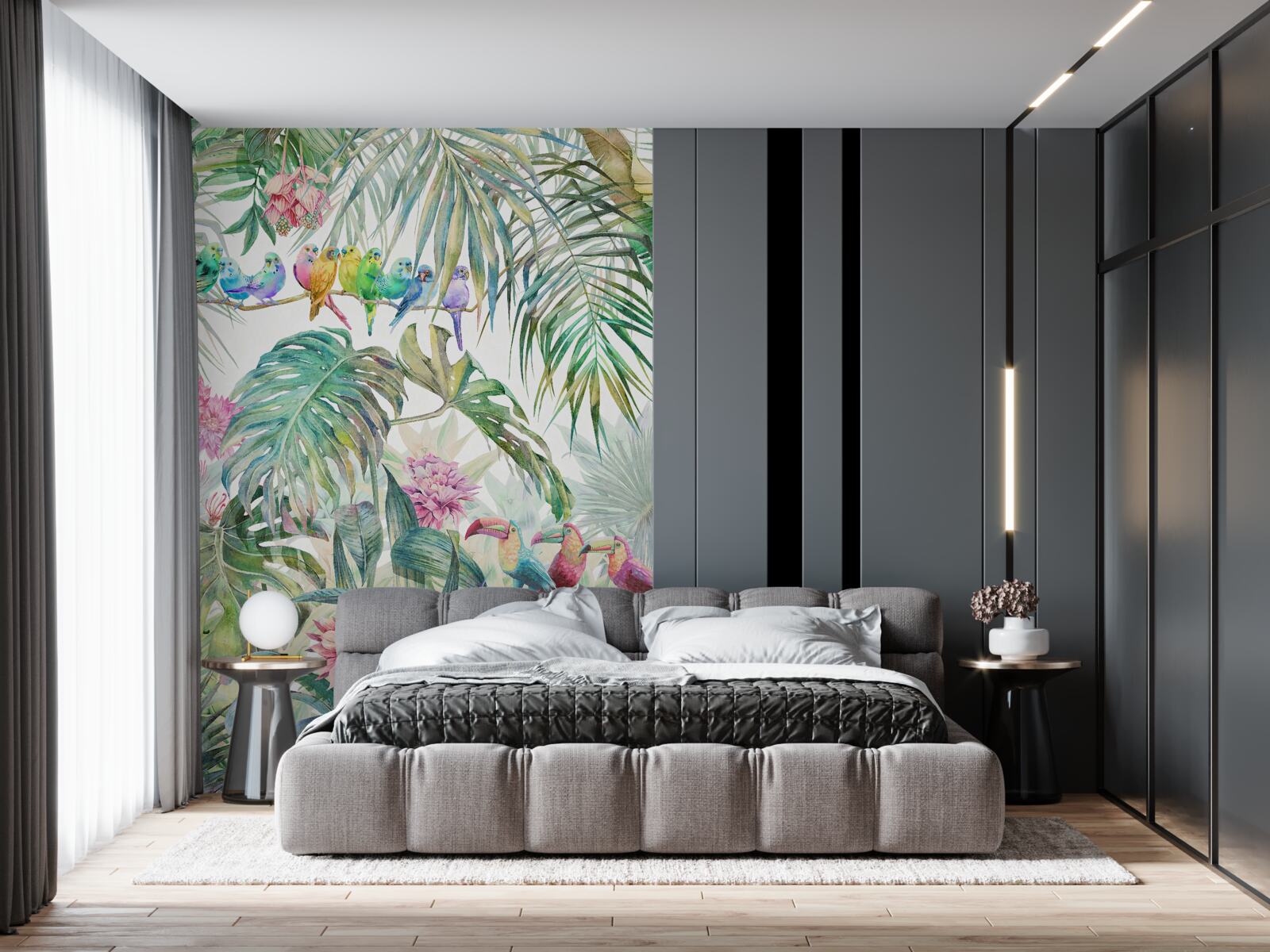 Papier peint plantes exotiques et oiseaux colorés