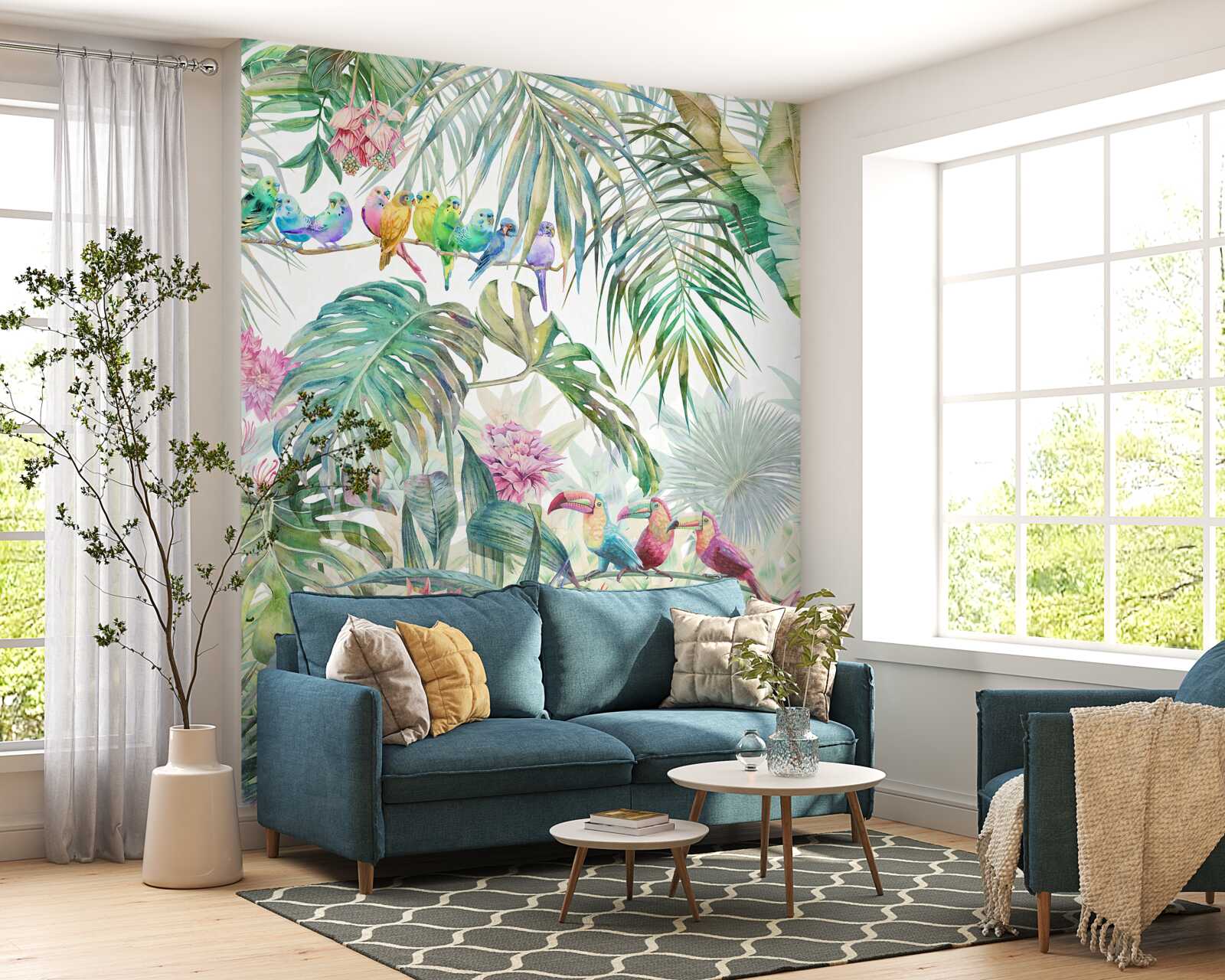 Papier peint plantes exotiques et oiseaux colorés