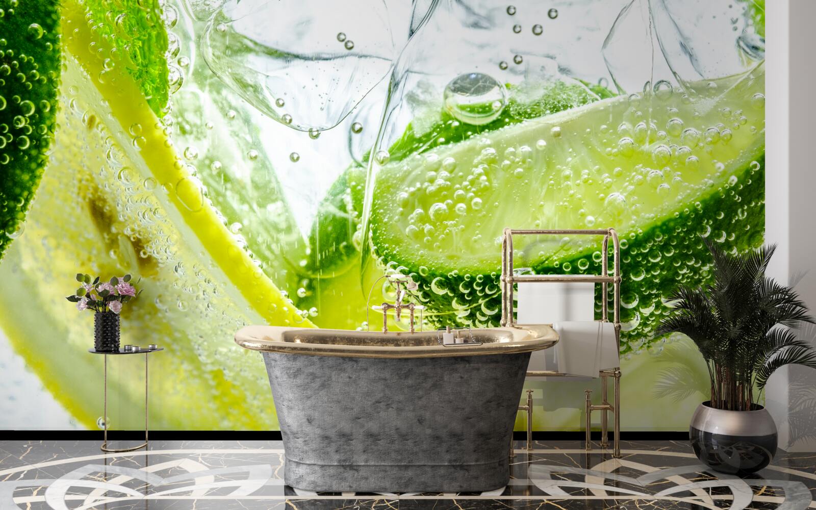 Papier peint tranches de citron et de lime dans un verre d'eau