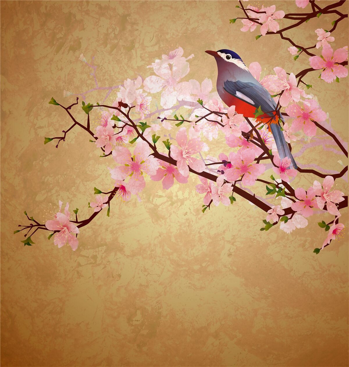 Papier peint rossignol sur les branches des cerisiers en fleurs