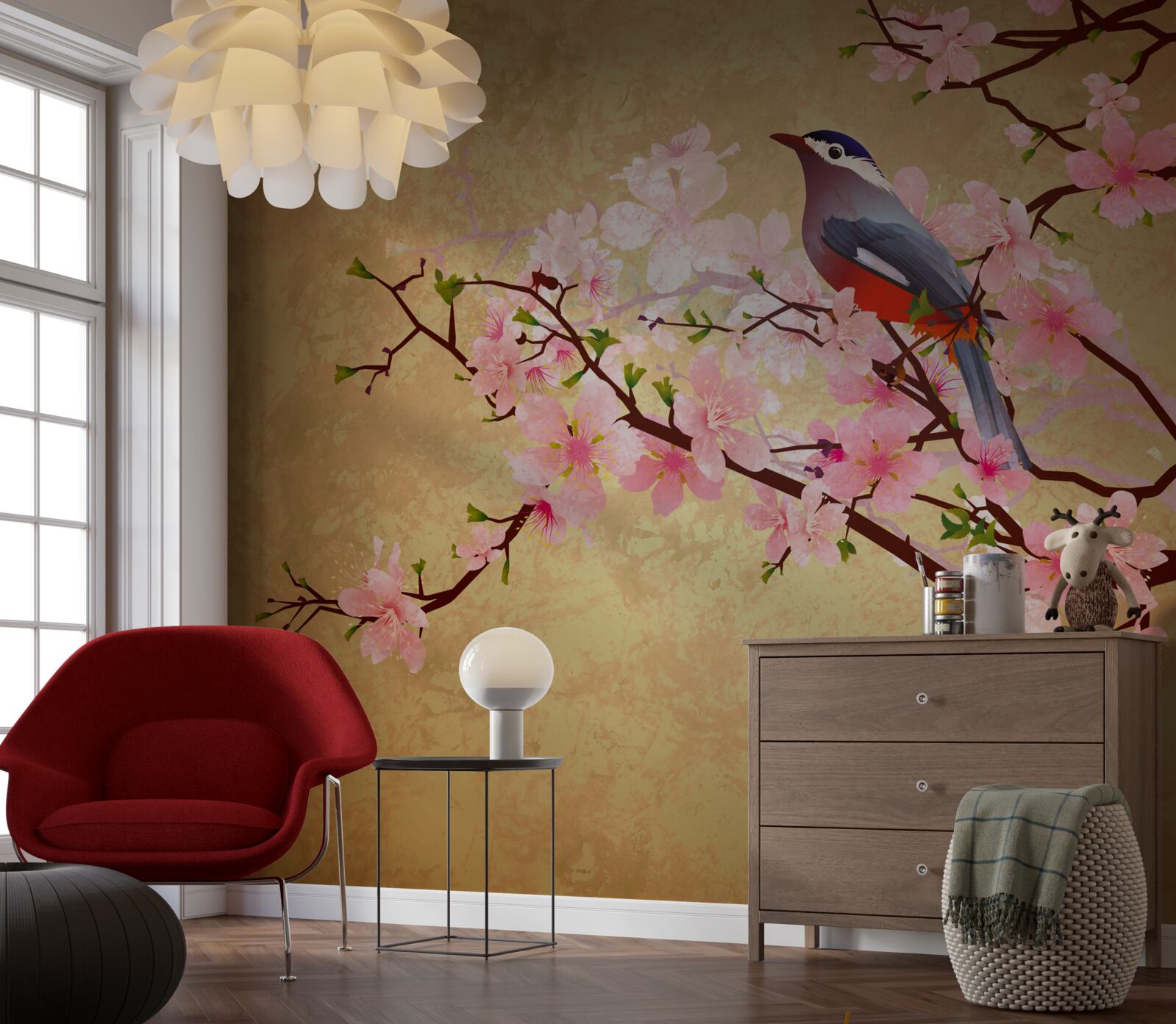 Papier peint rossignol sur les branches des cerisiers en fleurs