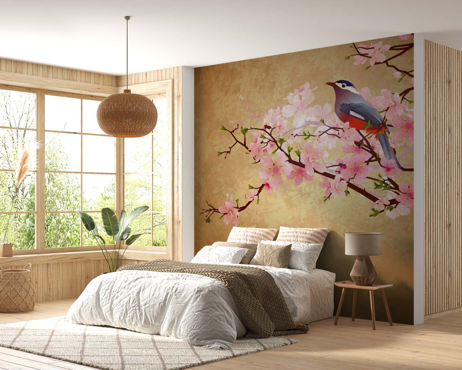Papier peint rossignol sur les branches des cerisiers en fleurs