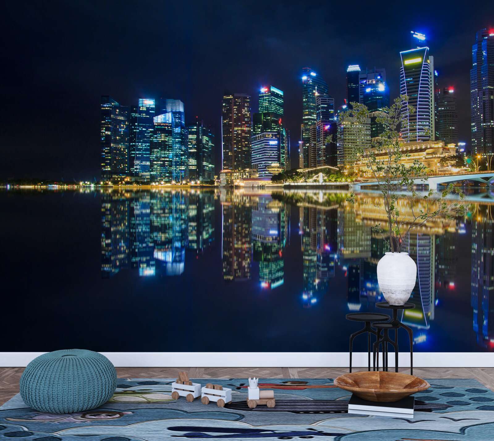 Papier peint ville nocturne se reflétant dans l'eau et éclairée par des lumières