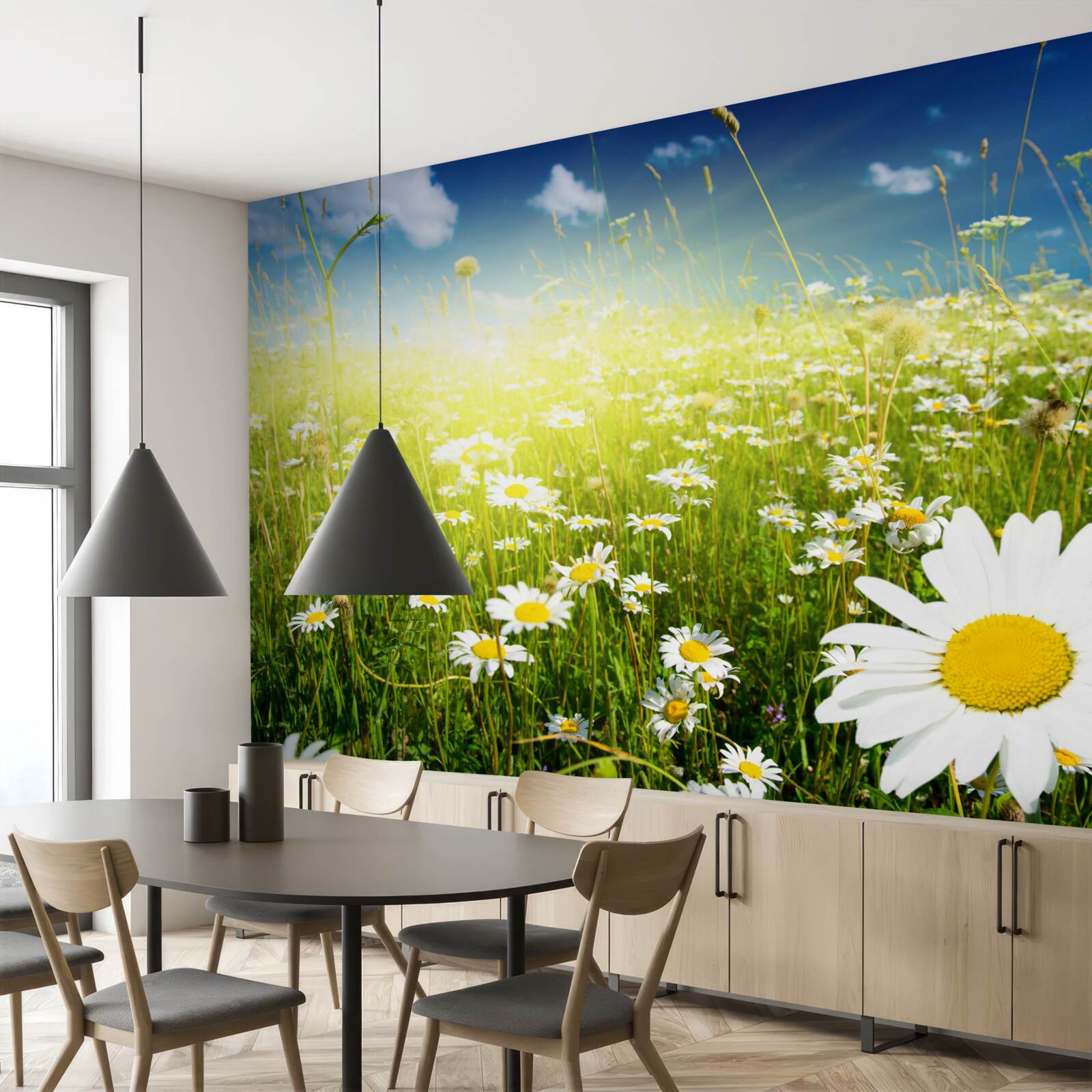 Papier peint une prairie couverte de marguerites à l'aube