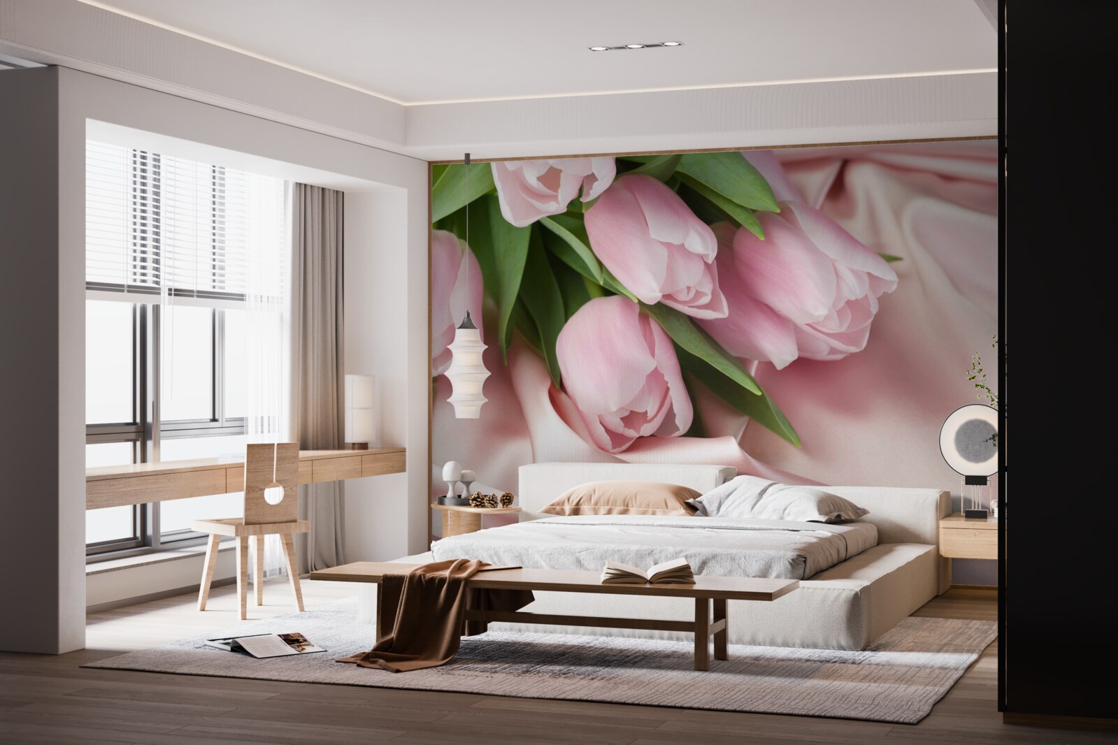 Papier peint soie décorée de délicates tulipes roses