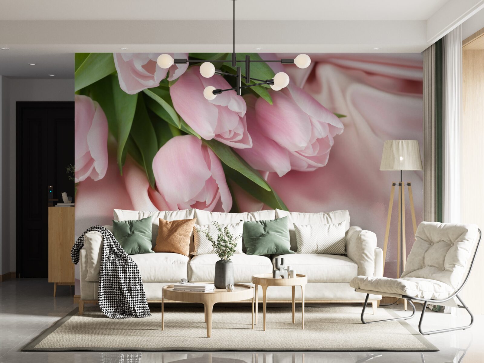 Papier peint soie décorée de délicates tulipes roses