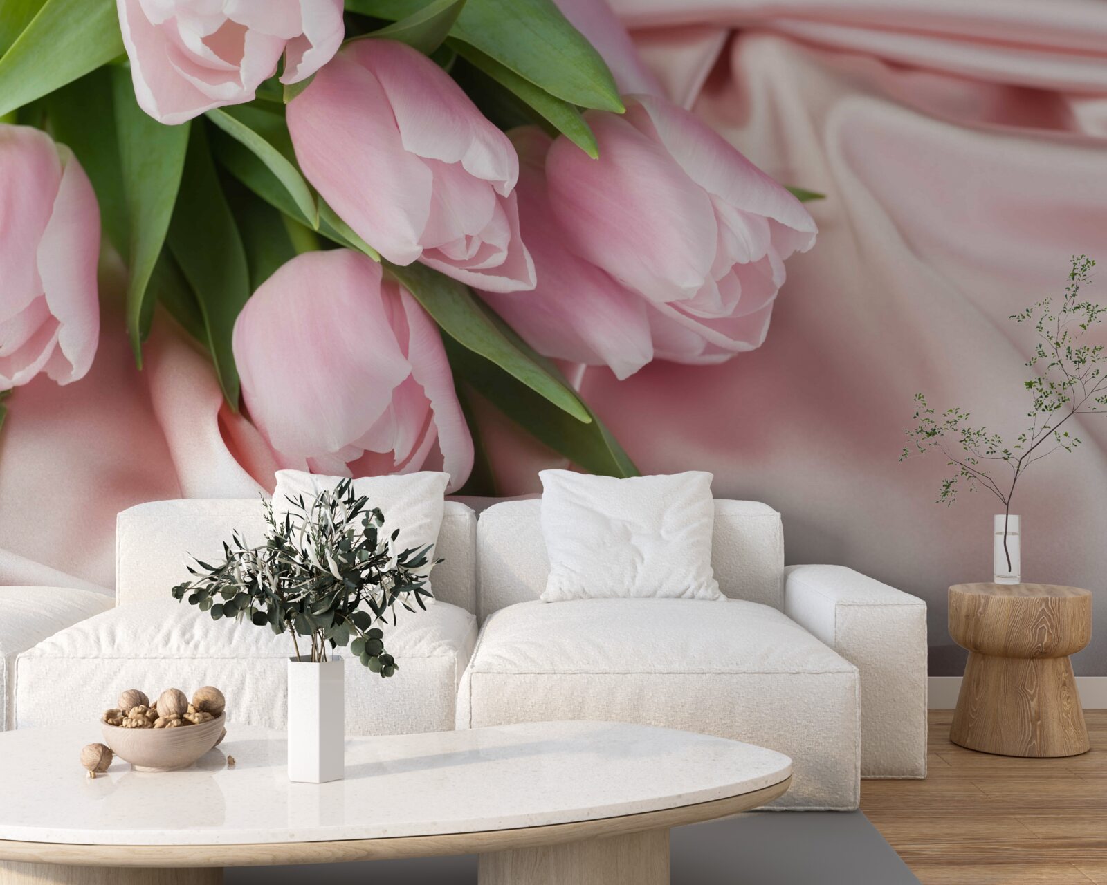 Papier peint soie décorée de délicates tulipes roses