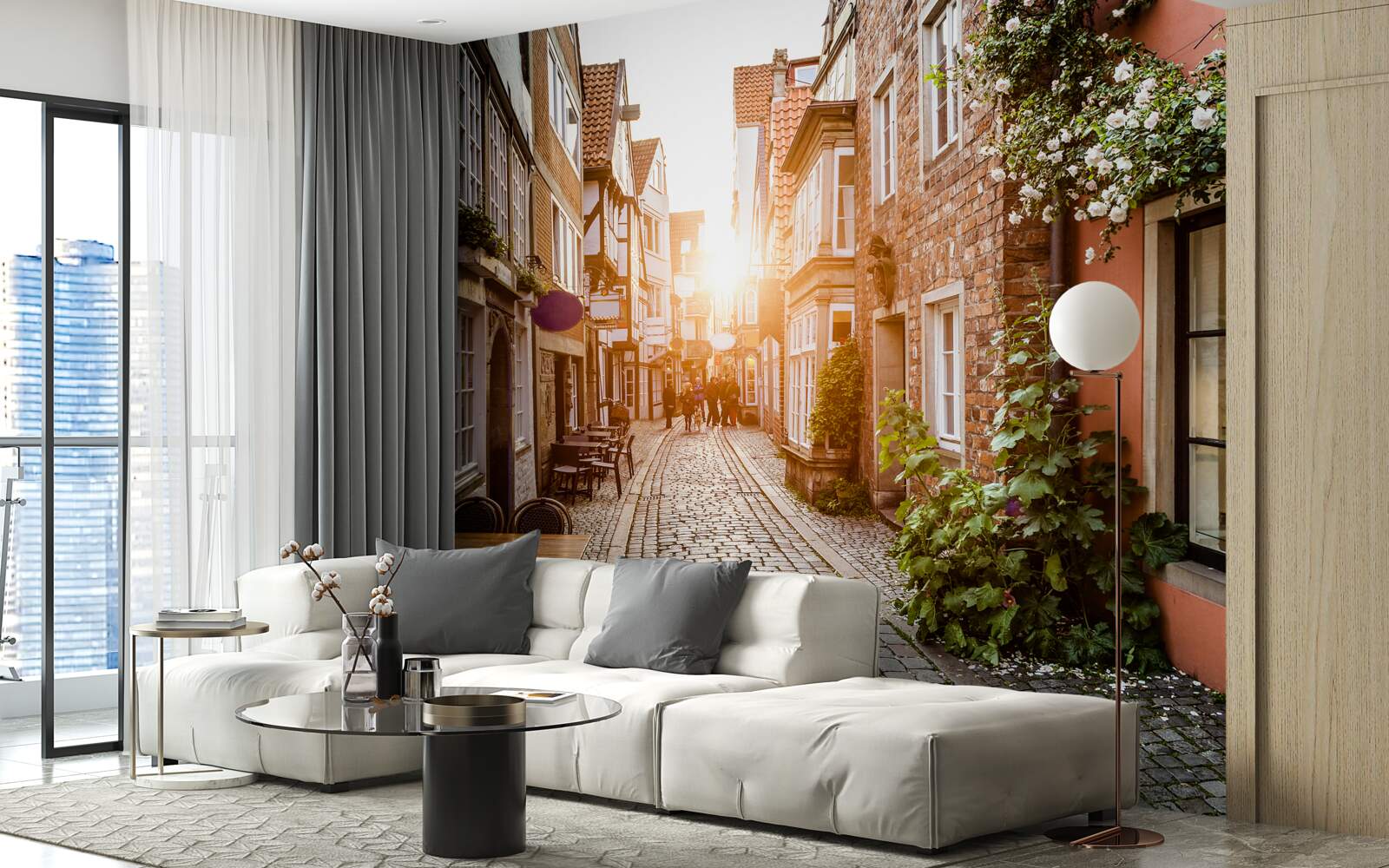 Papier peint lever de soleil pittoresque dans une ville ancienne