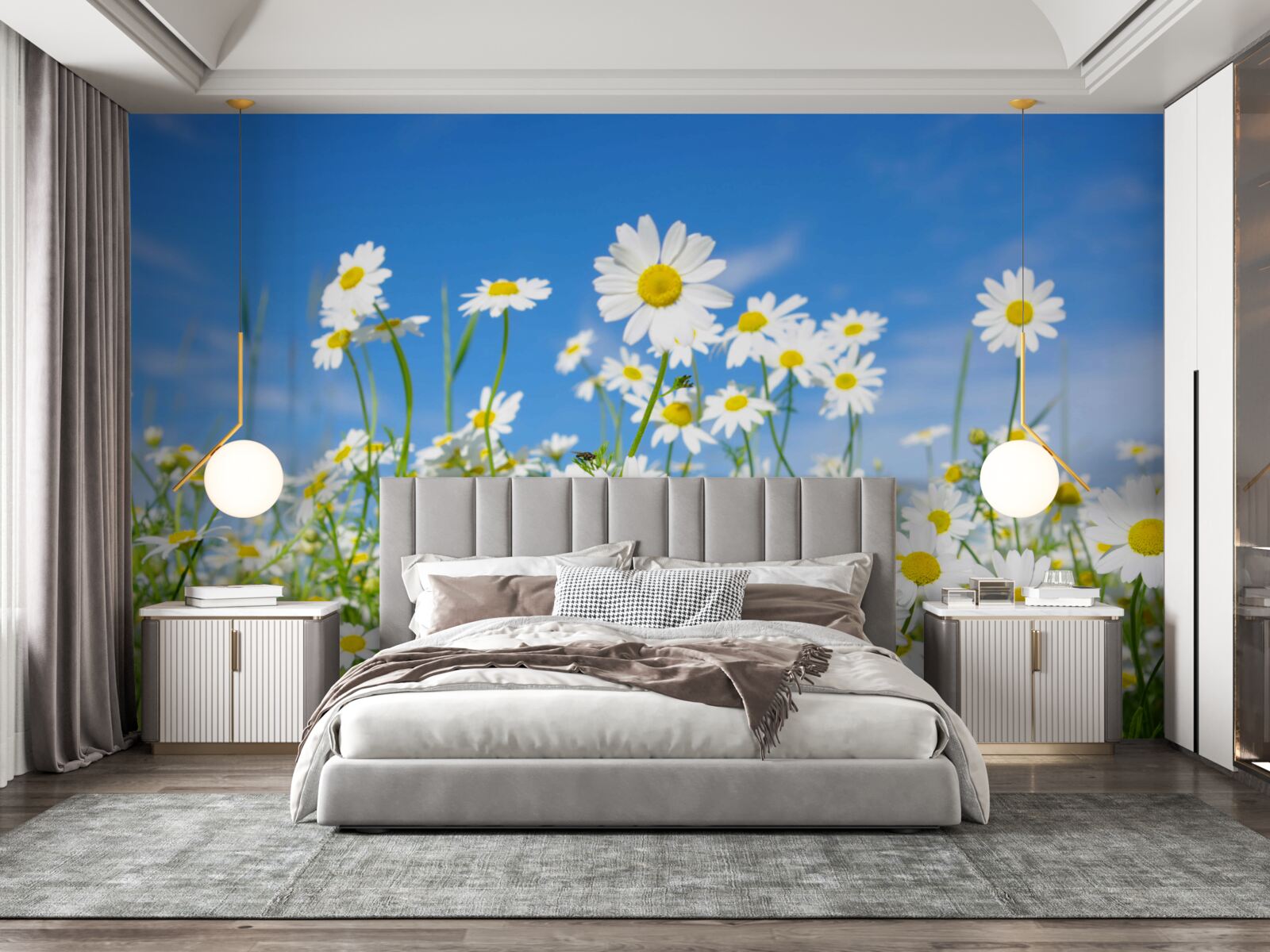 Papier peint Marguerites des prairies blanches sur fond de ciel bleu