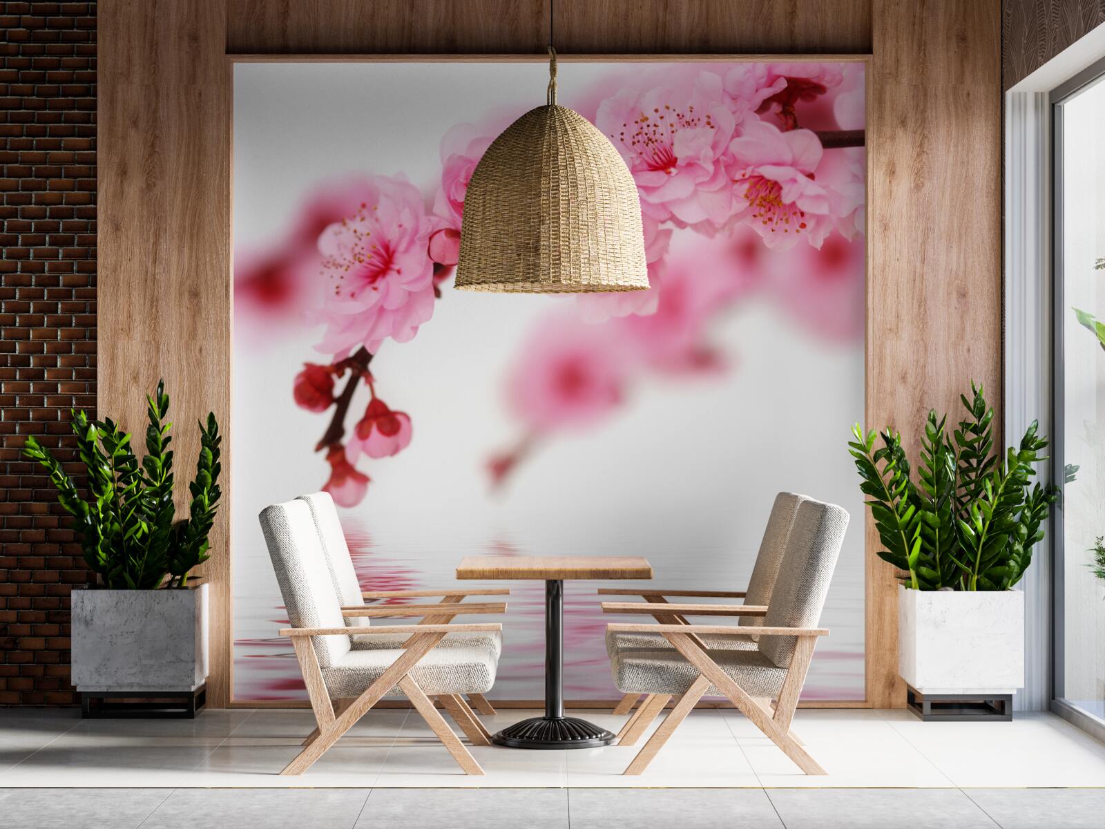 Papier peint La branche rose de sakura se trouve près de l'eau