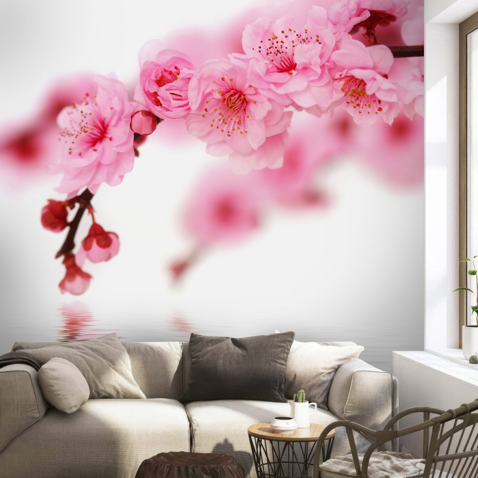 Papier peint La branche rose de sakura se trouve près de l'eau