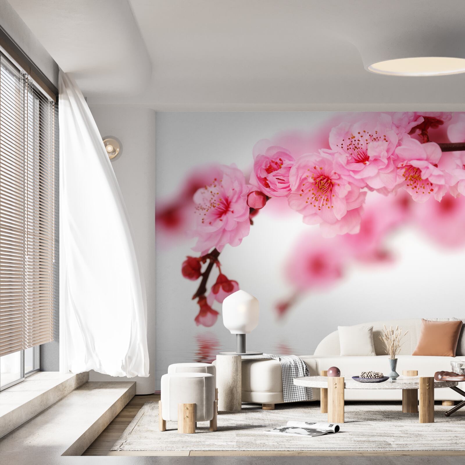 Papier peint La branche rose de sakura se trouve près de l'eau