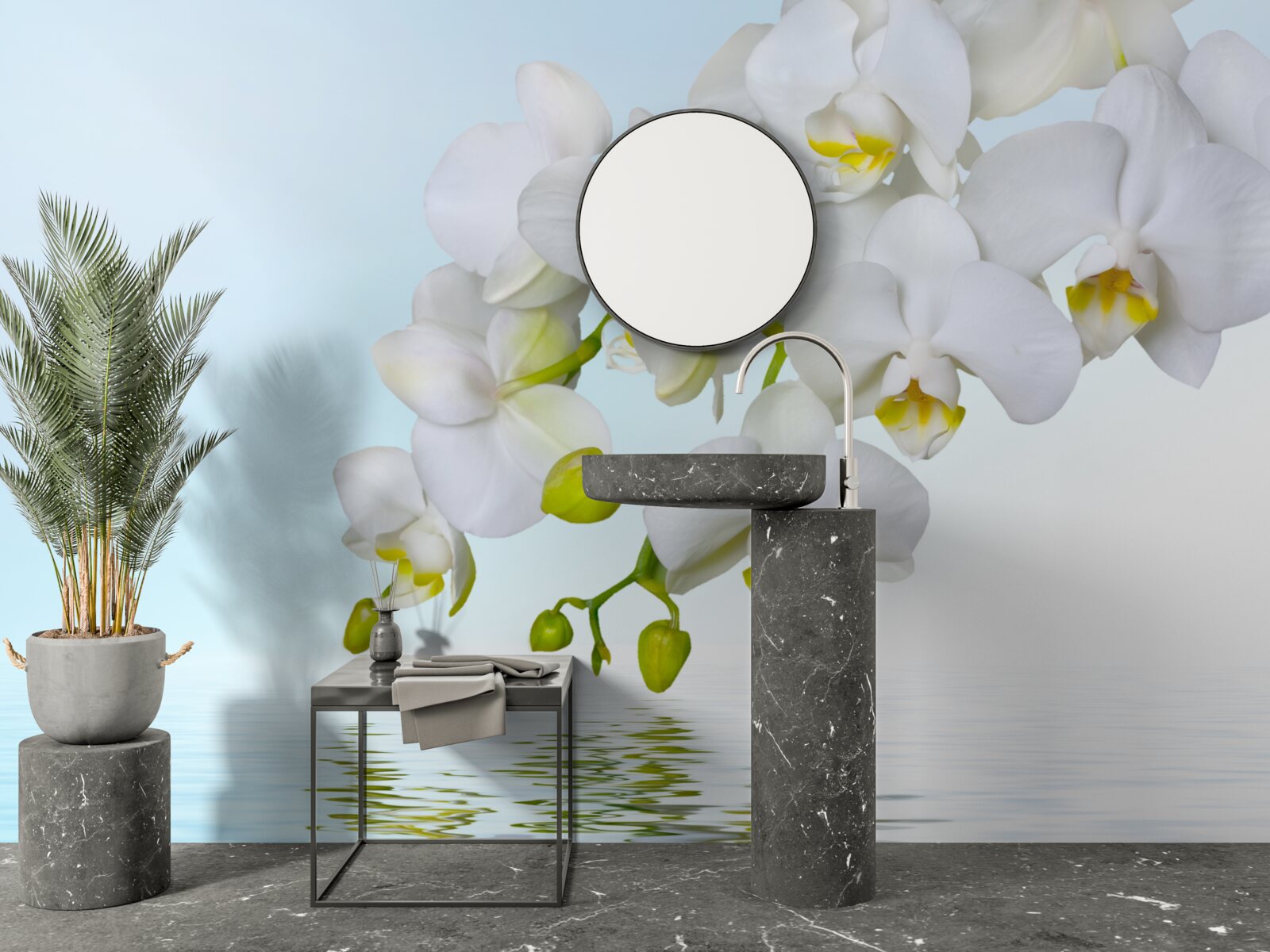 Papier peint branche d'orchidée blanche près d'une eau calme