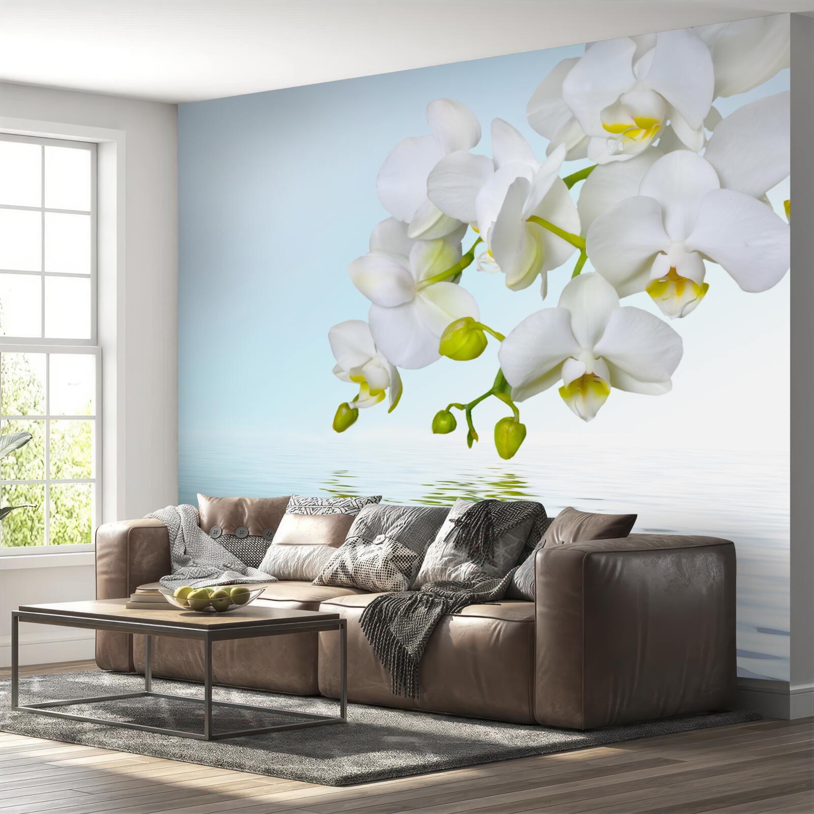 Papier peint branche d'orchidée blanche près d'une eau calme