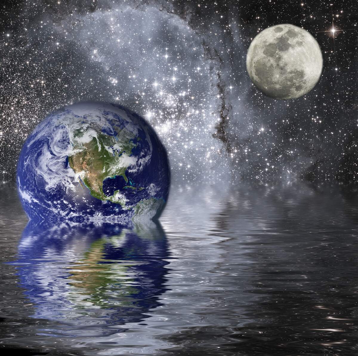Papier peint l'eau entoure la terre et la lune dans l'espace