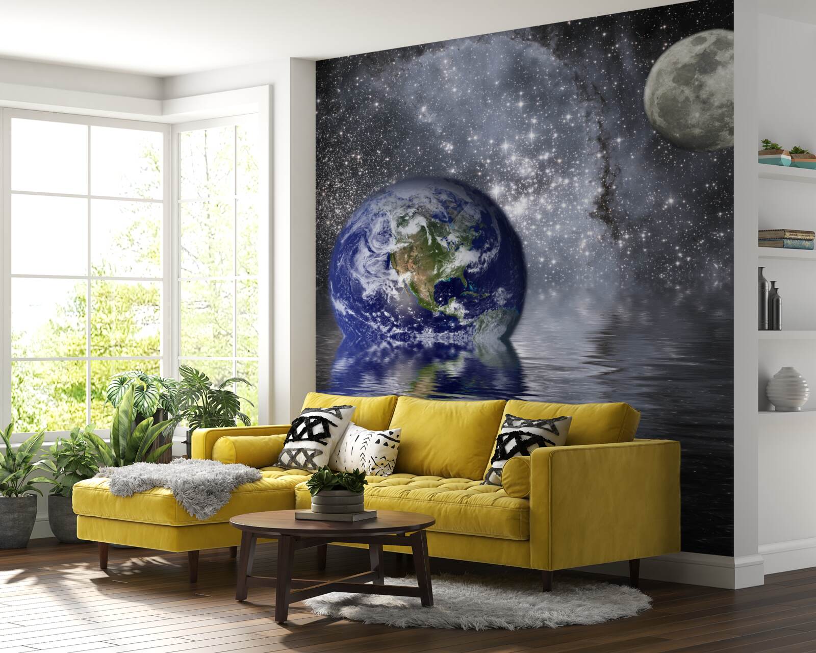 Papier peint l'eau entoure la terre et la lune dans l'espace