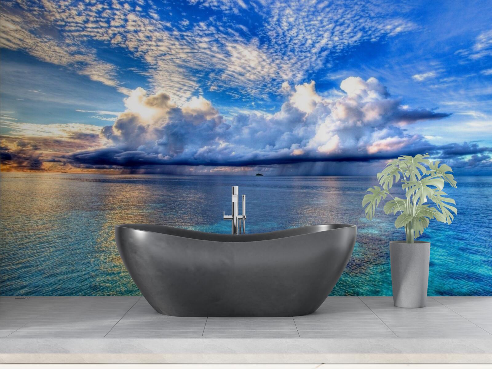 Papier peint les nuages flottent doucement sur la surface bleue de l'eau