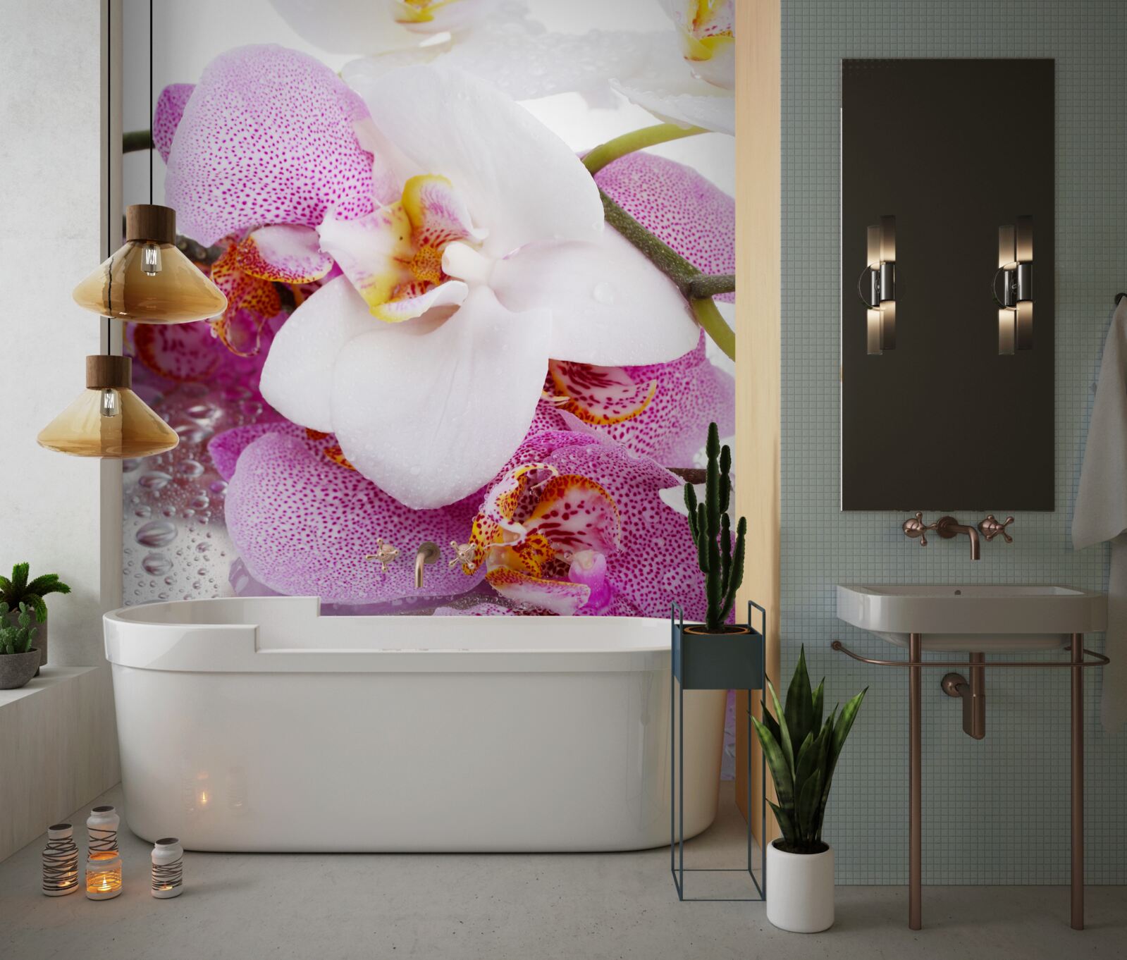 Papier peint orchidées à pétales blancs et roses