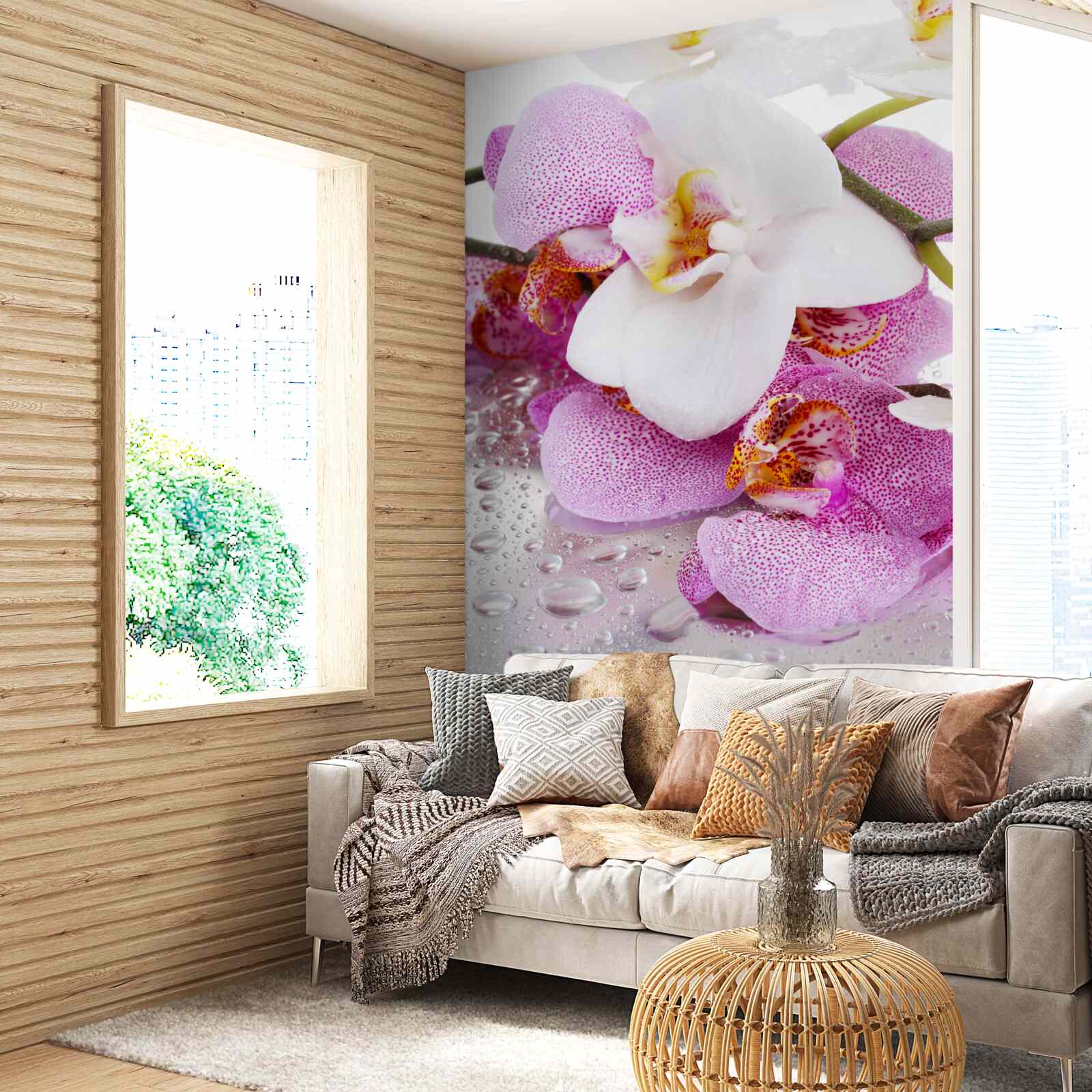 Papier peint orchidées à pétales blancs et roses