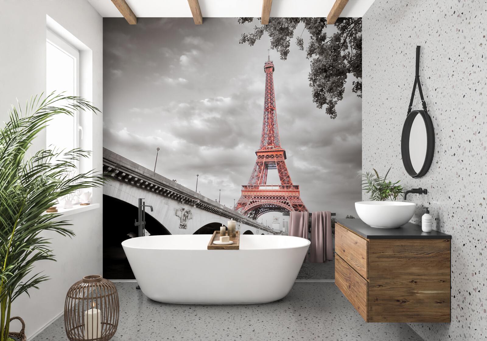 Papier peint derrière l'ancien pont qui enjambe la rivière, on peut voir la tour Eiffel