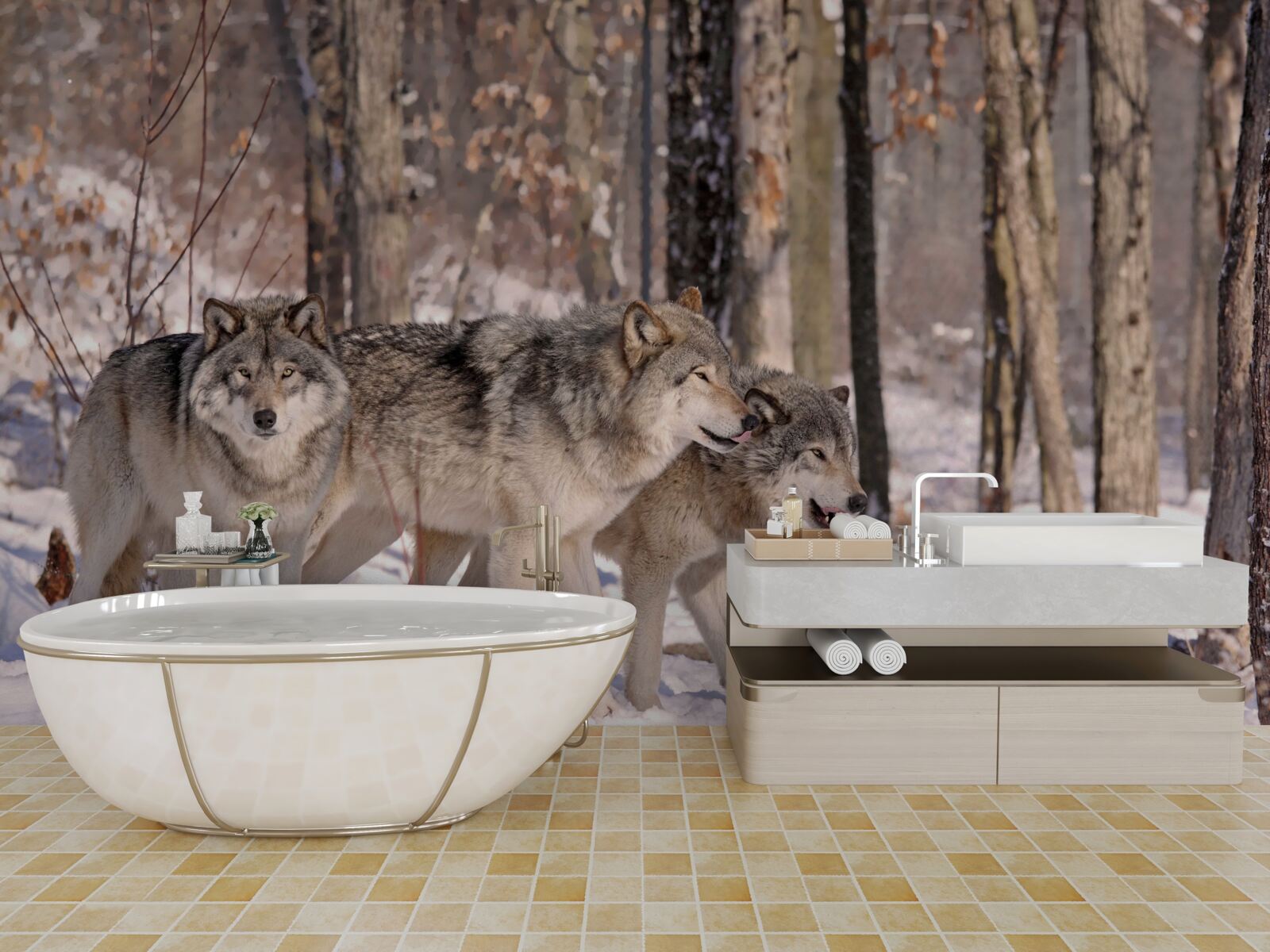 Papier peint un groupe de loups dans une forêt hivernale