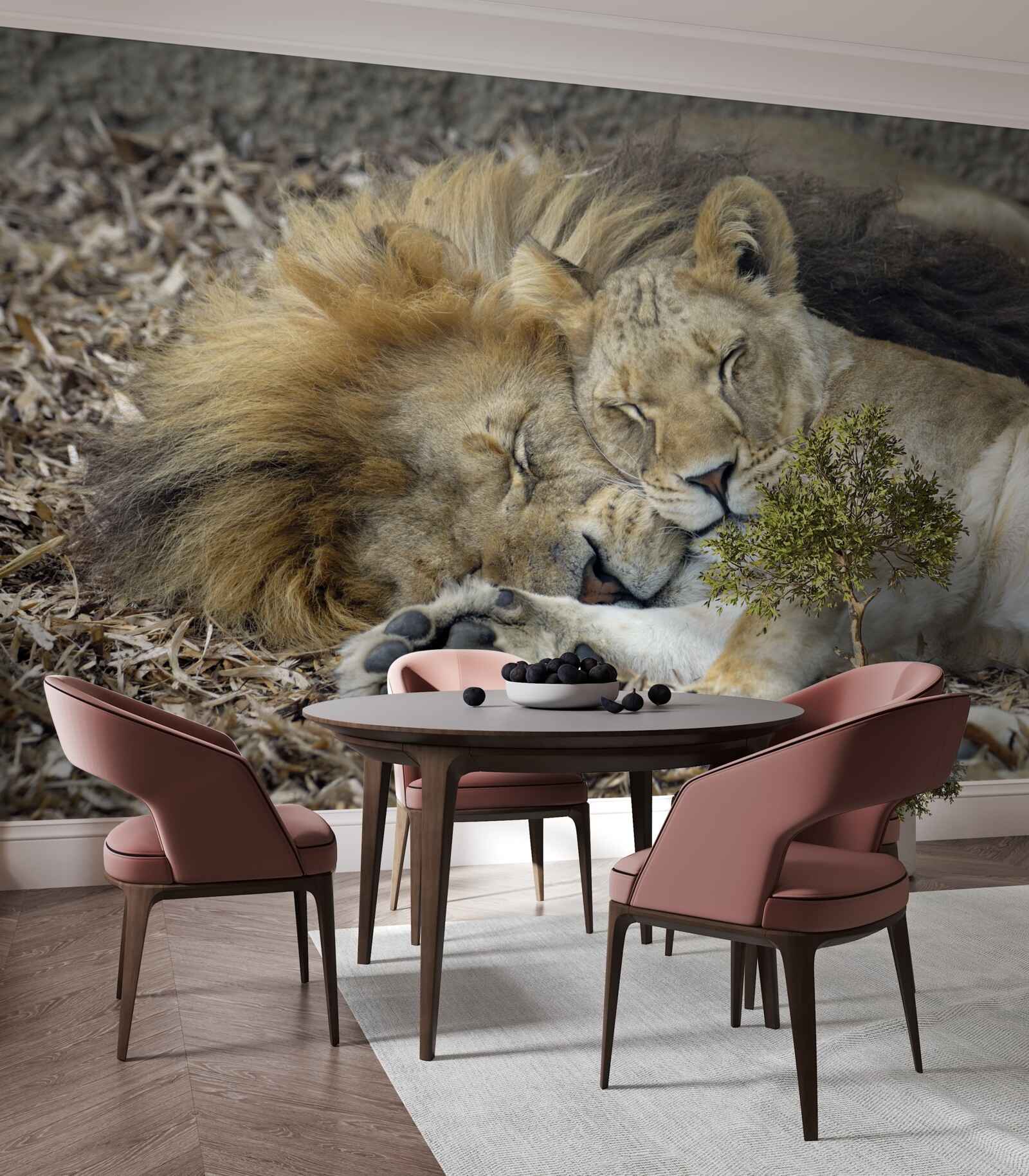 Papier peint lion se reposant à côté d'une tigresse sur des feuilles mortes