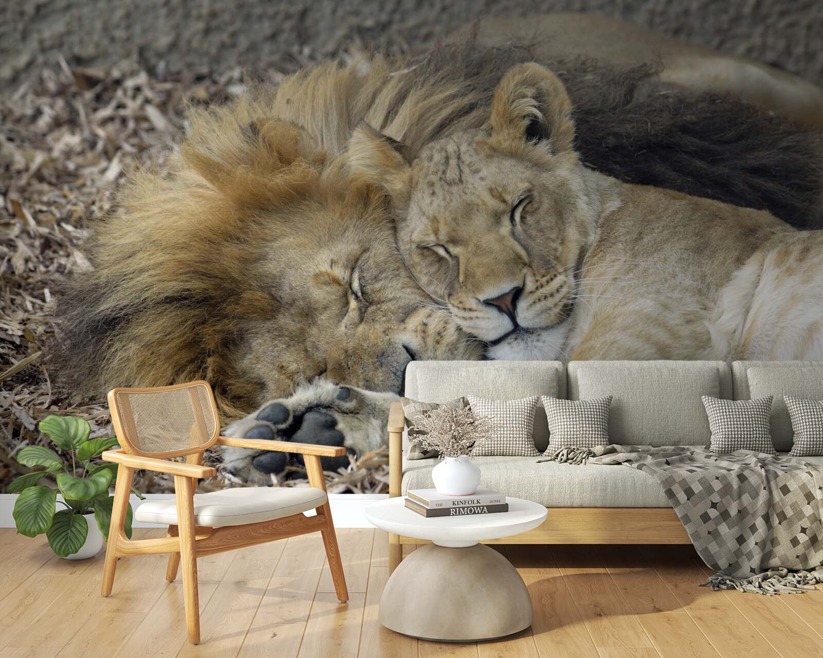 Papier peint lion se reposant à côté d'une tigresse sur des feuilles mortes
