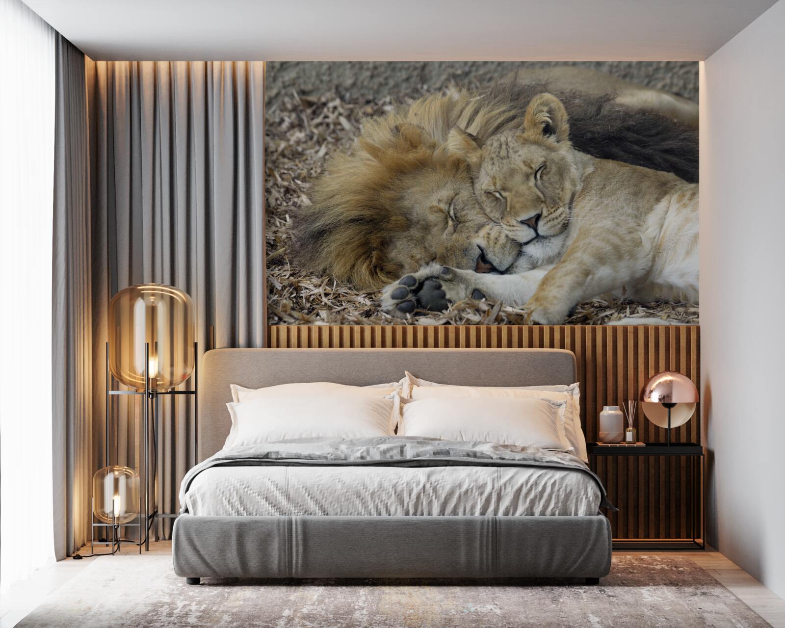 Papier peint lion se reposant à côté d'une tigresse sur des feuilles mortes