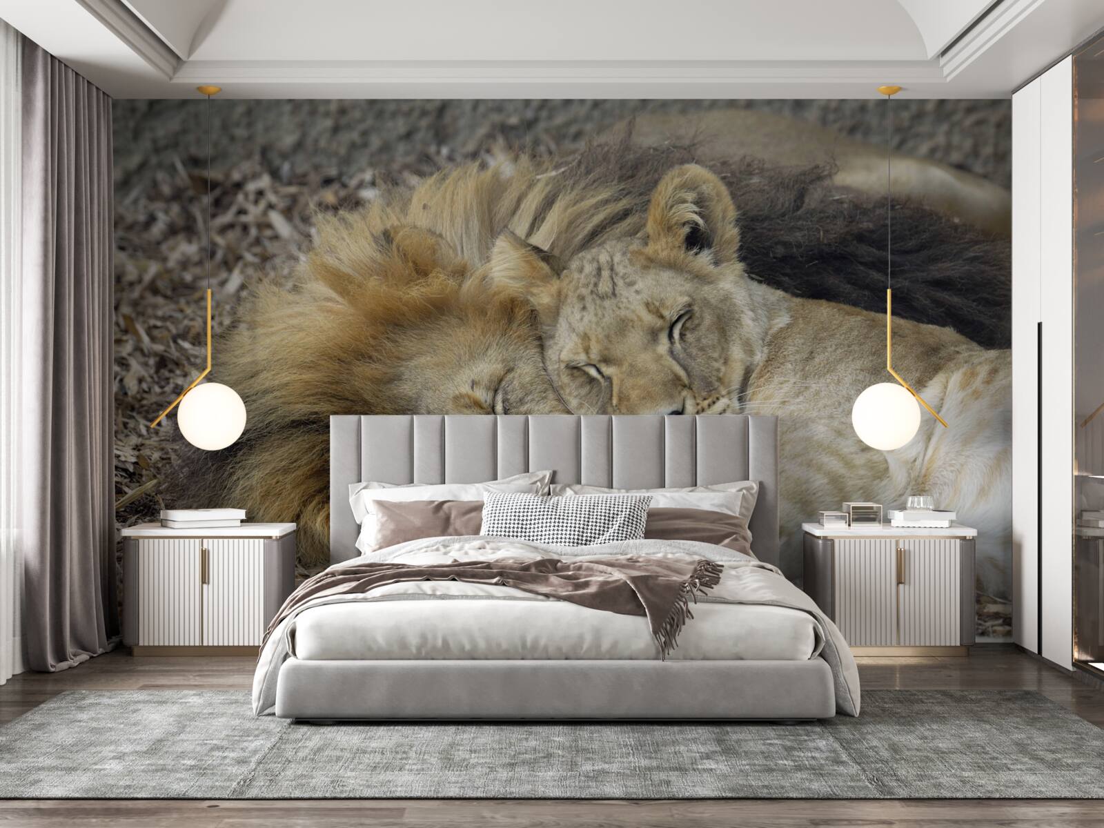 Papier peint lion se reposant à côté d'une tigresse sur des feuilles mortes