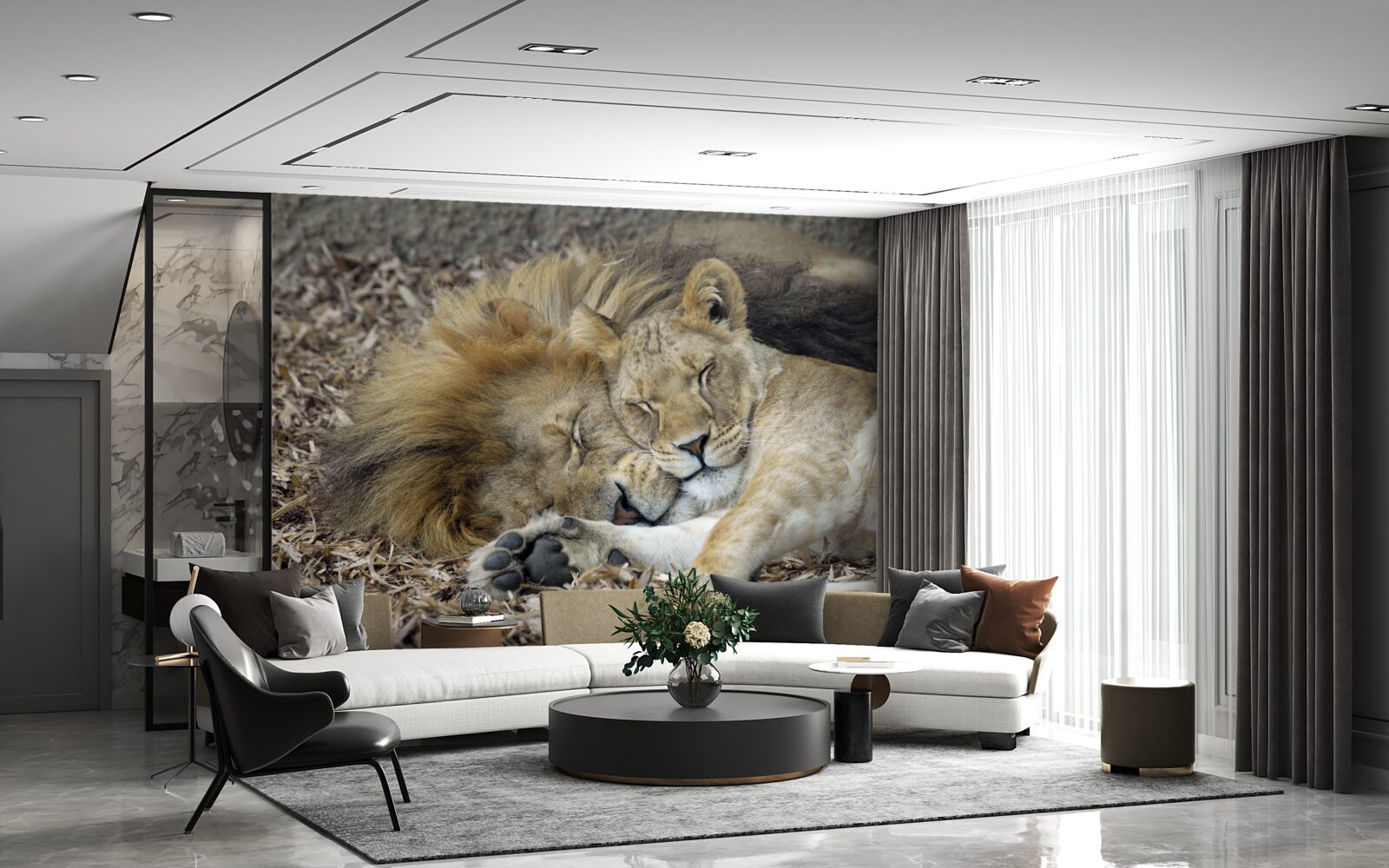 Papier peint lion se reposant à côté d'une tigresse sur des feuilles mortes