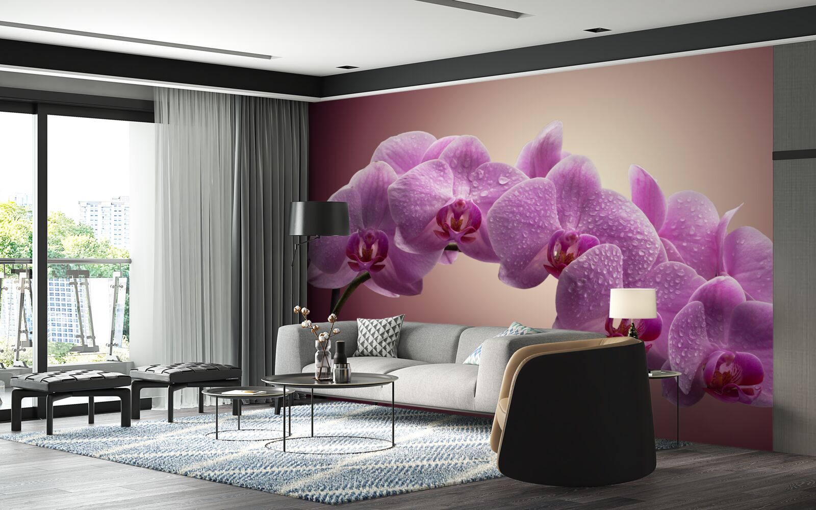 Papier peint branche fleurie d'une orchidée lilas
