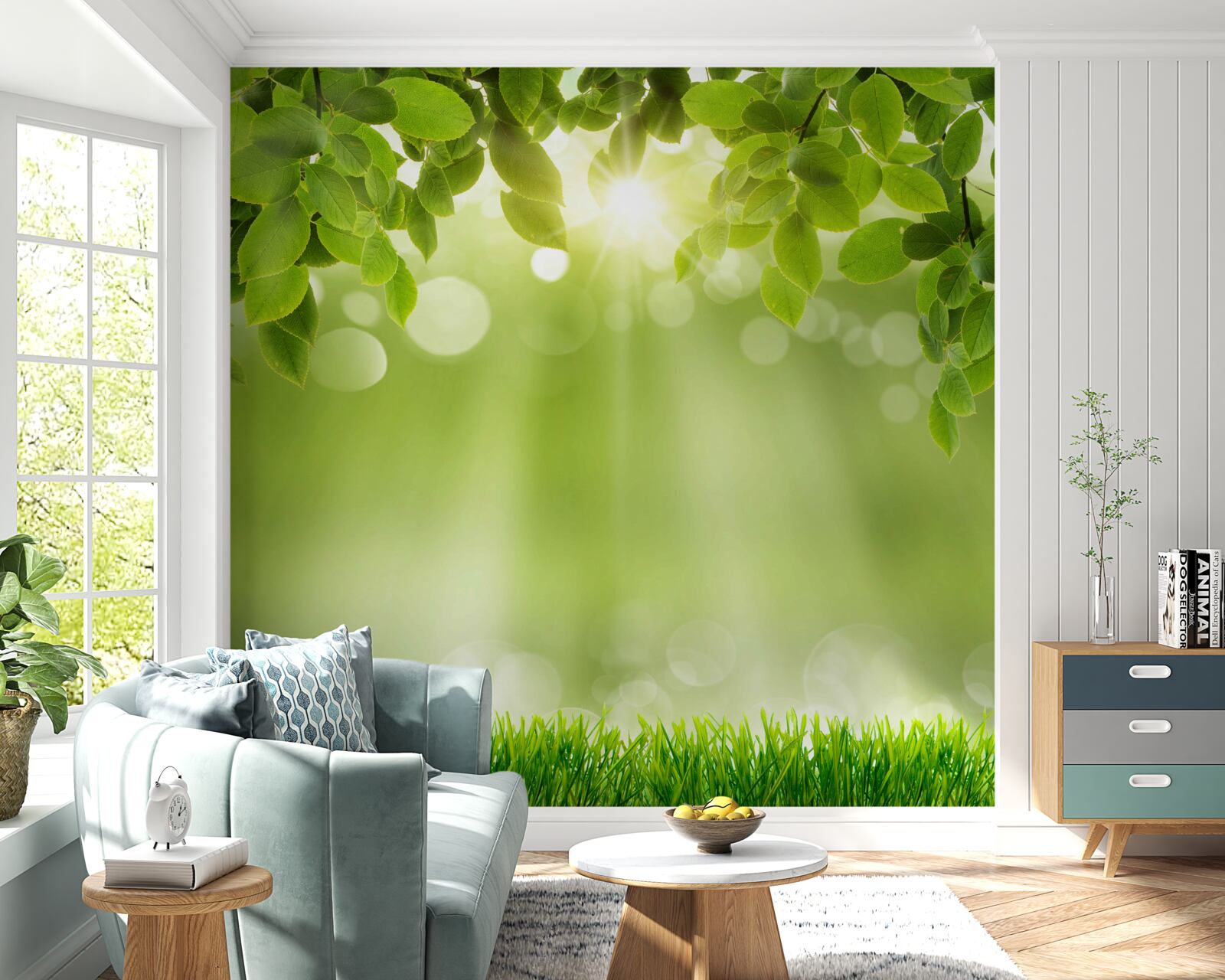 Papier peint les rayons du soleil illuminent une prairie sous la pluie