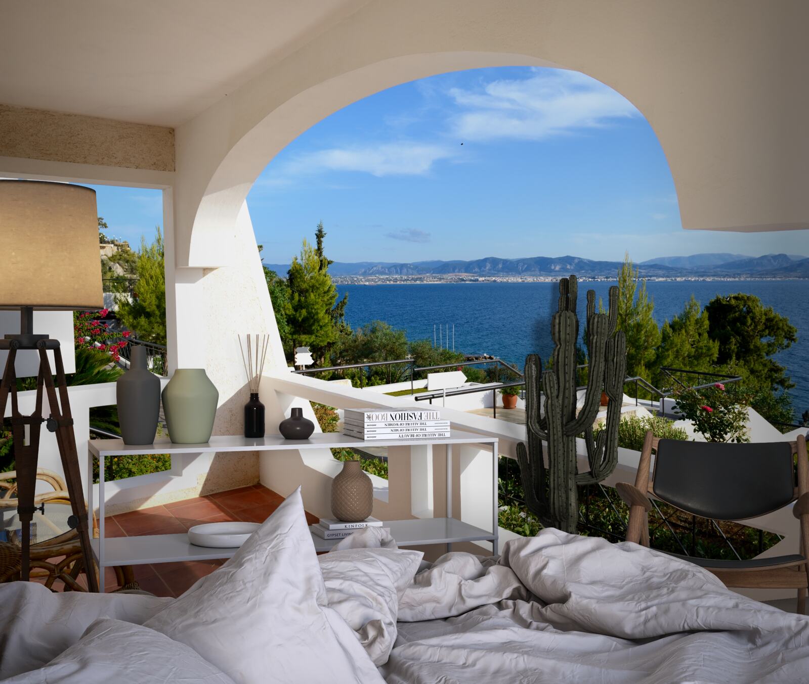 Papier peint terrasse confortable avec vue sur l'océan