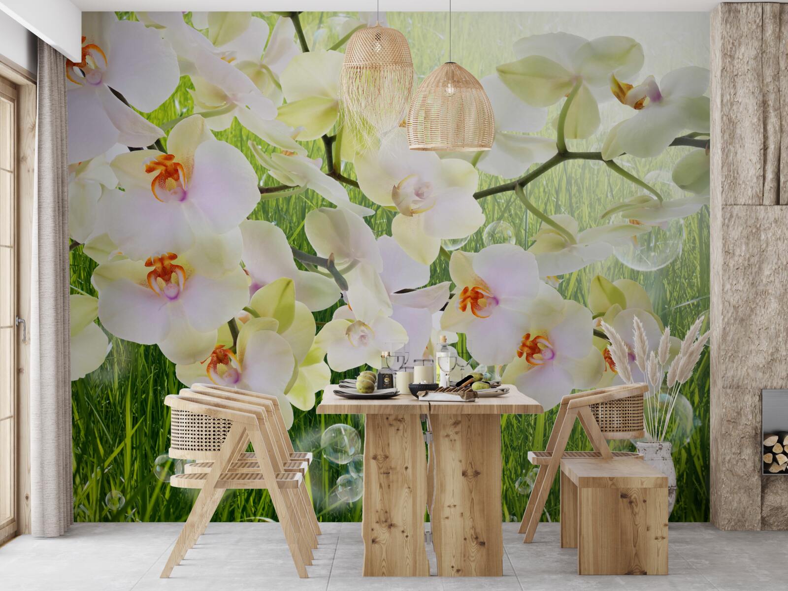 Papier peint branches de cerisiers blancs et pissenlits