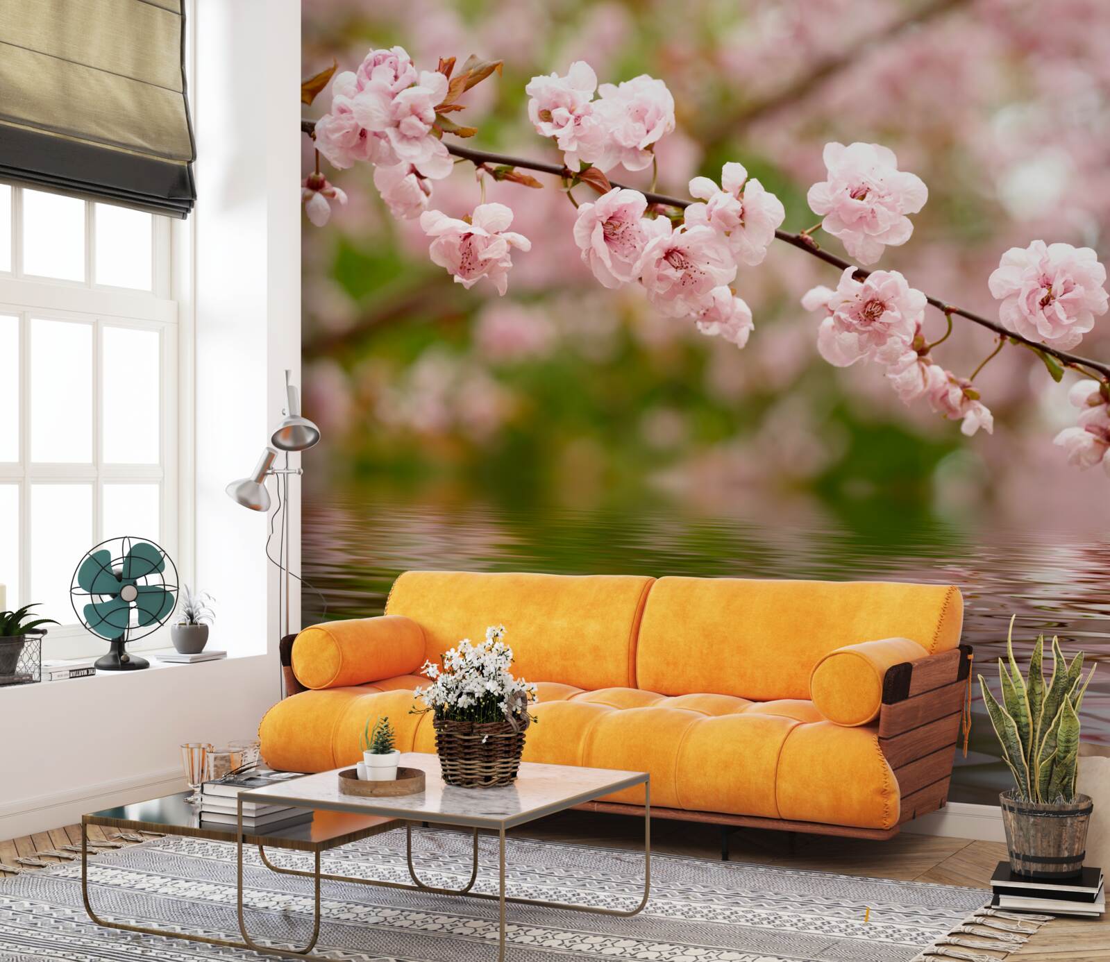 Papier peint branche avec des fleurs à la surface de l'eau