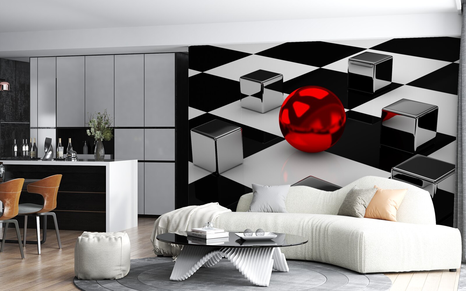 Papier peint parmi les cubes dans le reflet se trouve une boule rouge