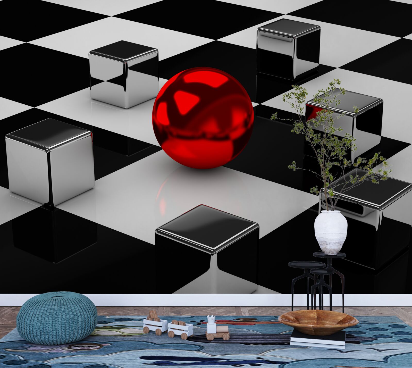 Papier peint parmi les cubes dans le reflet se trouve une boule rouge