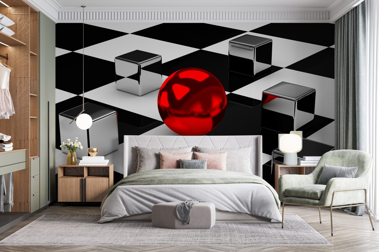 Papier peint parmi les cubes dans le reflet se trouve une boule rouge