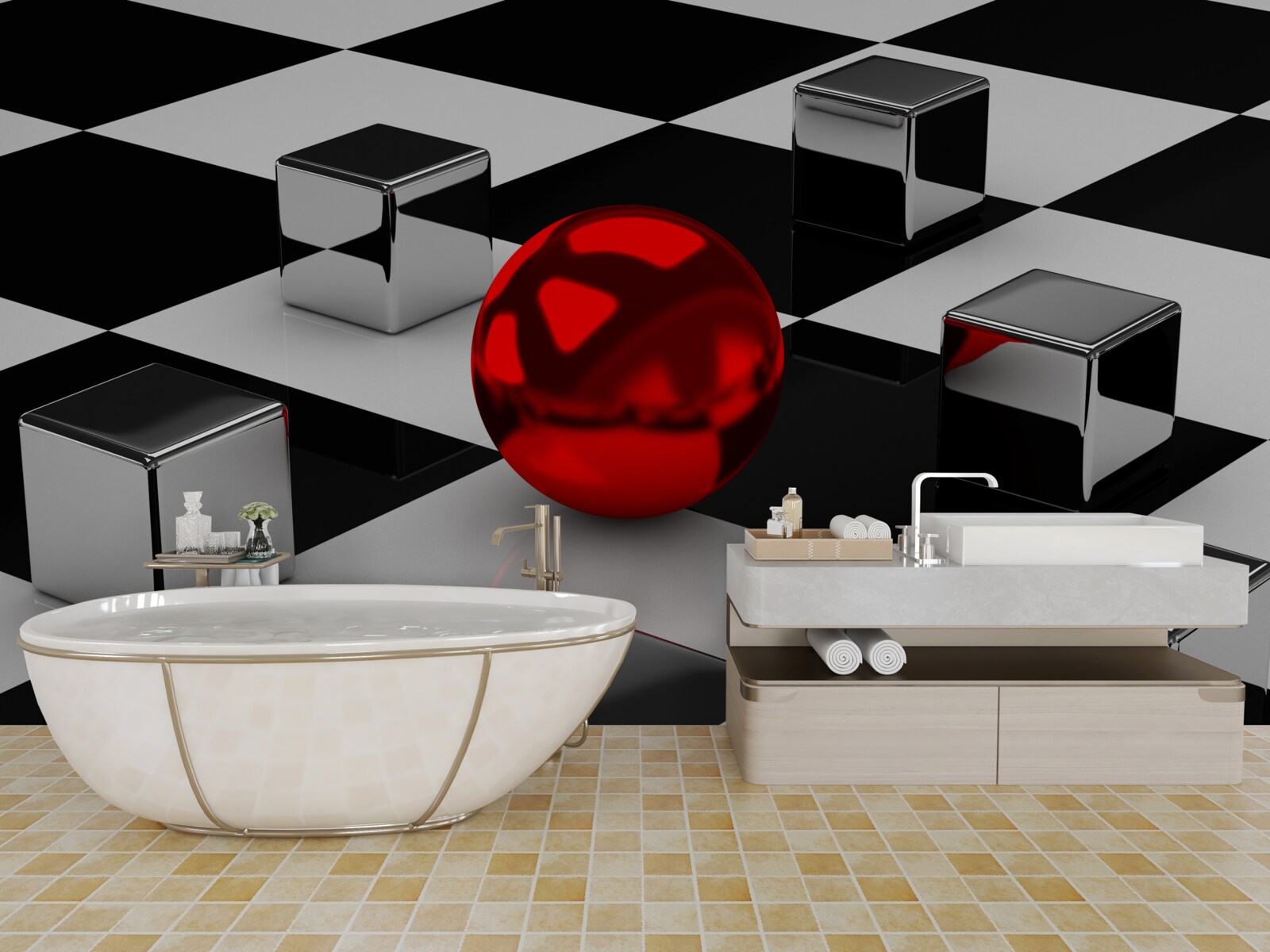 Papier peint parmi les cubes dans le reflet se trouve une boule rouge