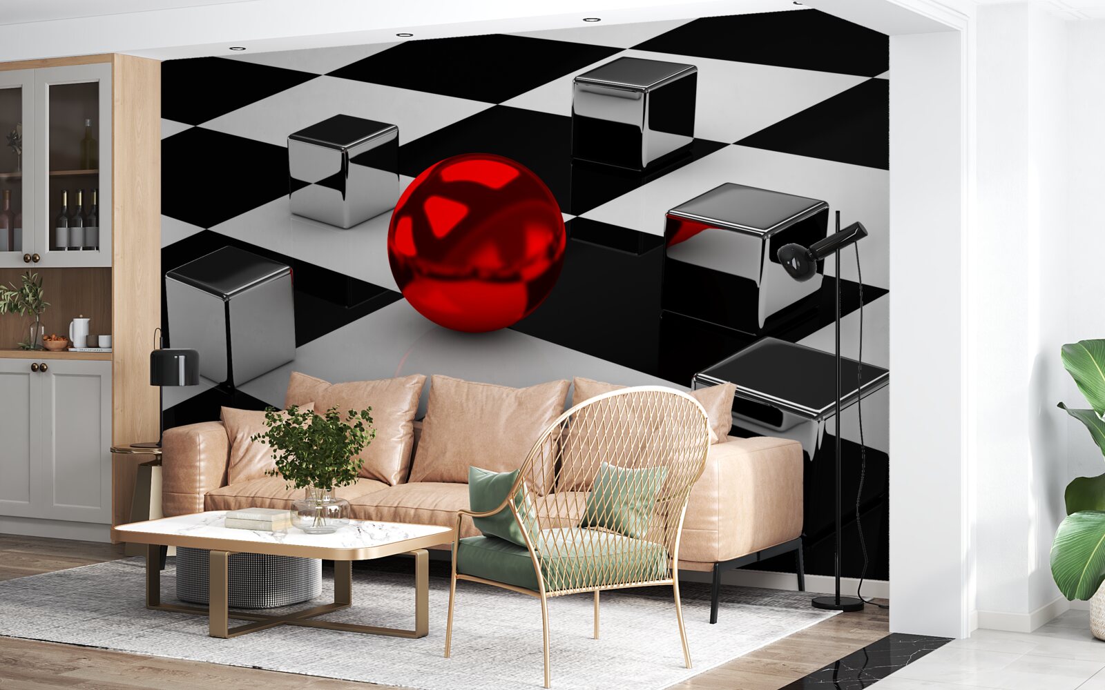 Papier peint parmi les cubes dans le reflet se trouve une boule rouge