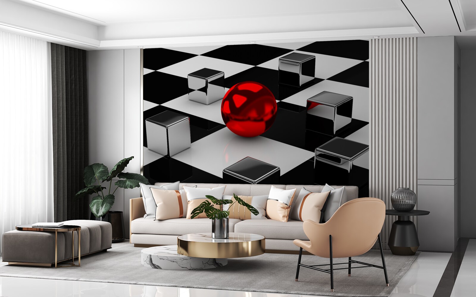 Papier peint parmi les cubes dans le reflet se trouve une boule rouge