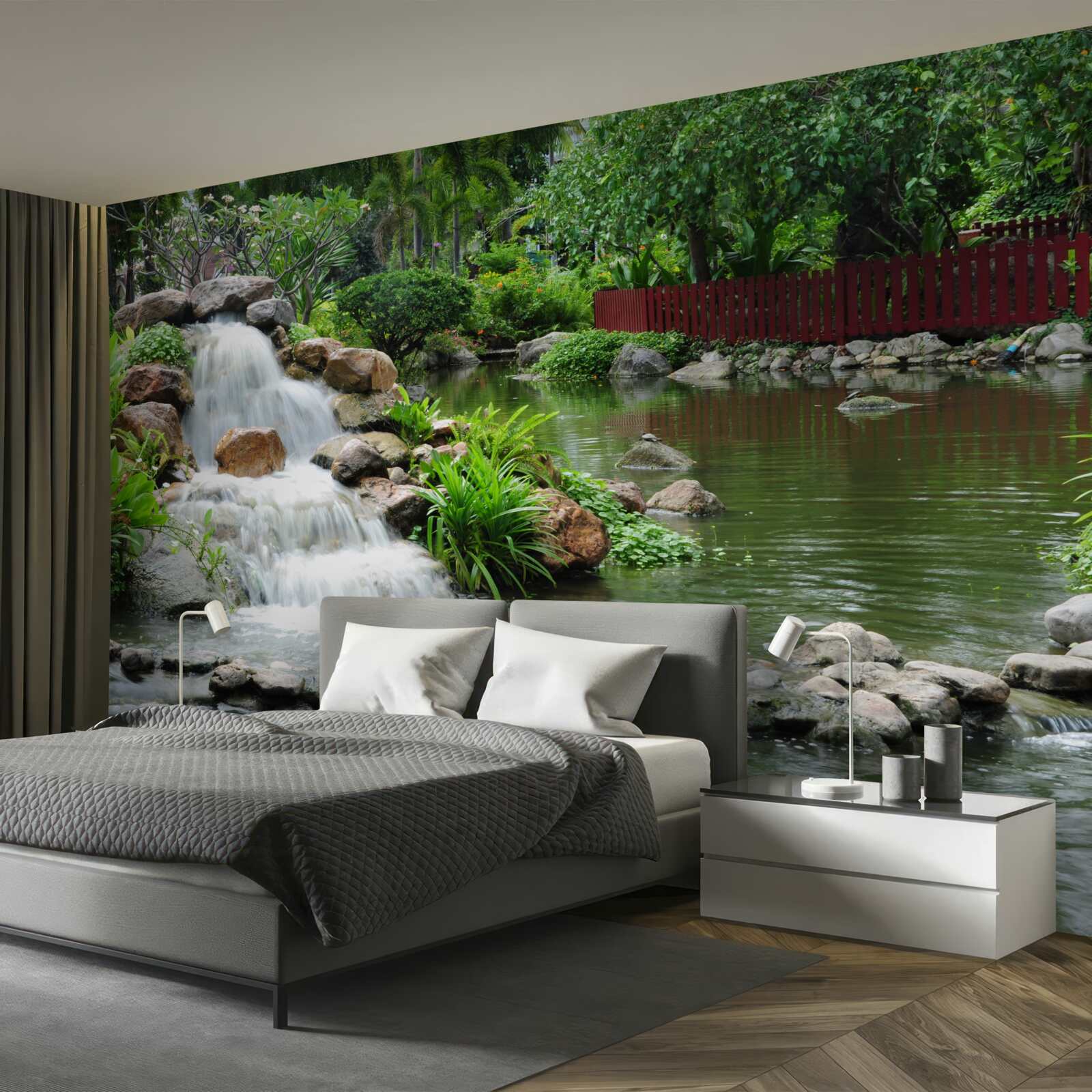 Papier peint une petite cascade entourée de verdure