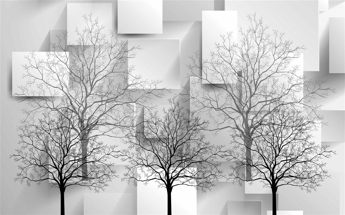 Papier peint arbres nus sur fond de formes abstraites