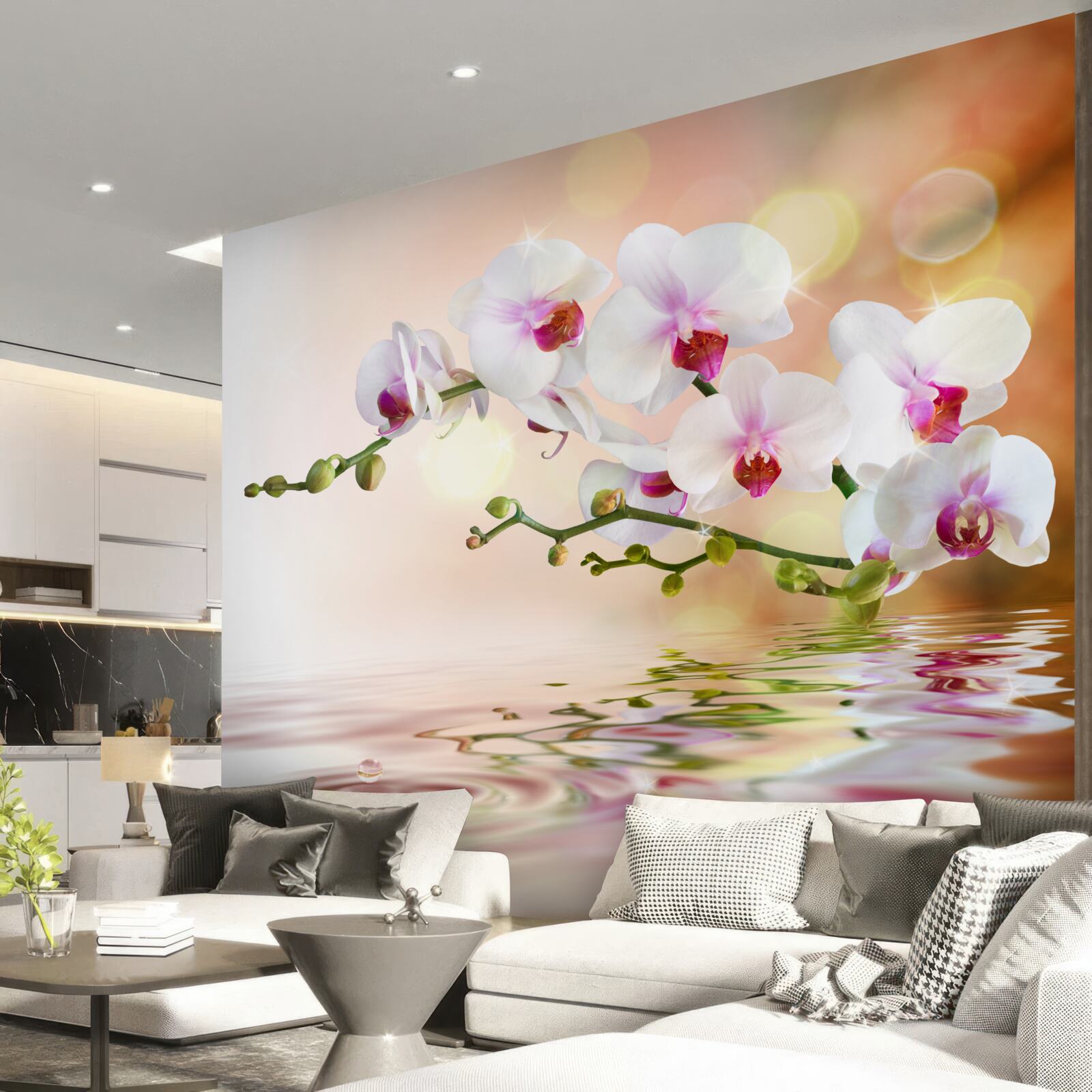Papier peint branche d'orchidée blanche se reflétant dans l'eau