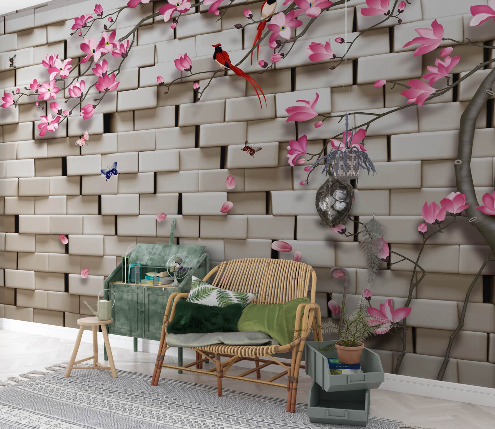 Papier peint sakura a fleuri contre un mur de briques