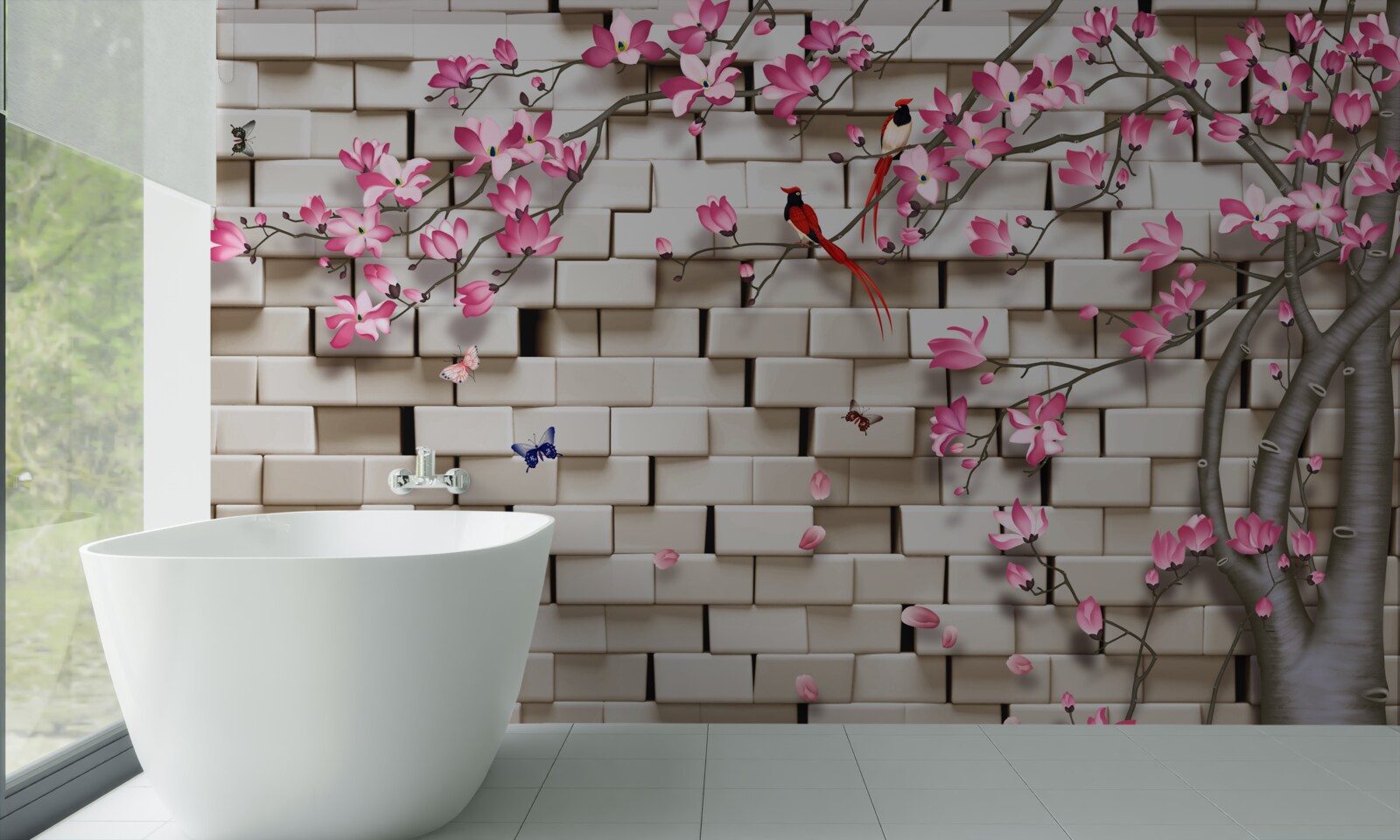 Papier peint sakura a fleuri contre un mur de briques