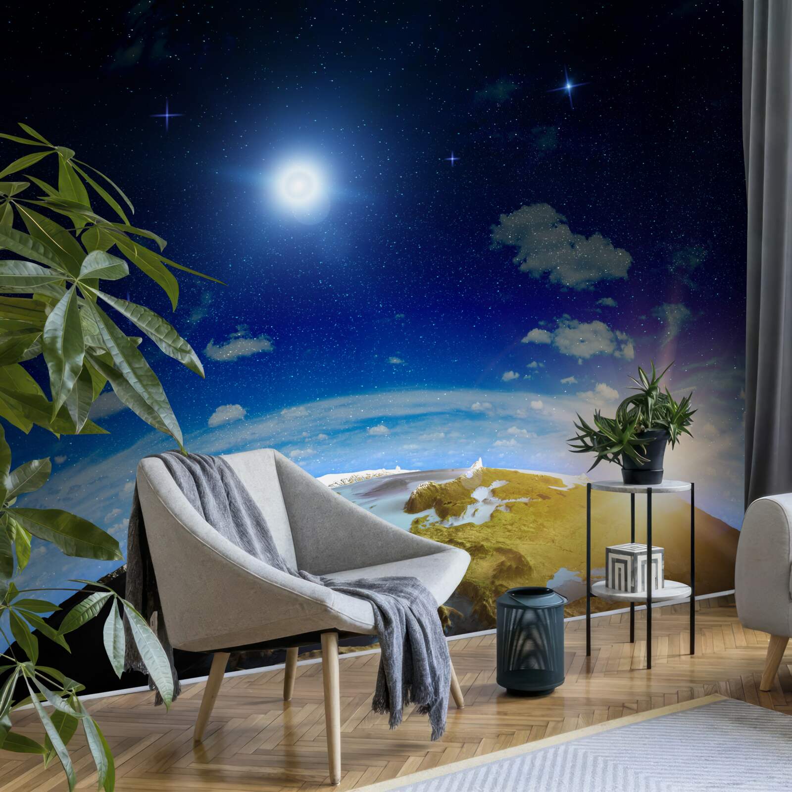 Papier peint coucher de soleil sur la terre et la lune